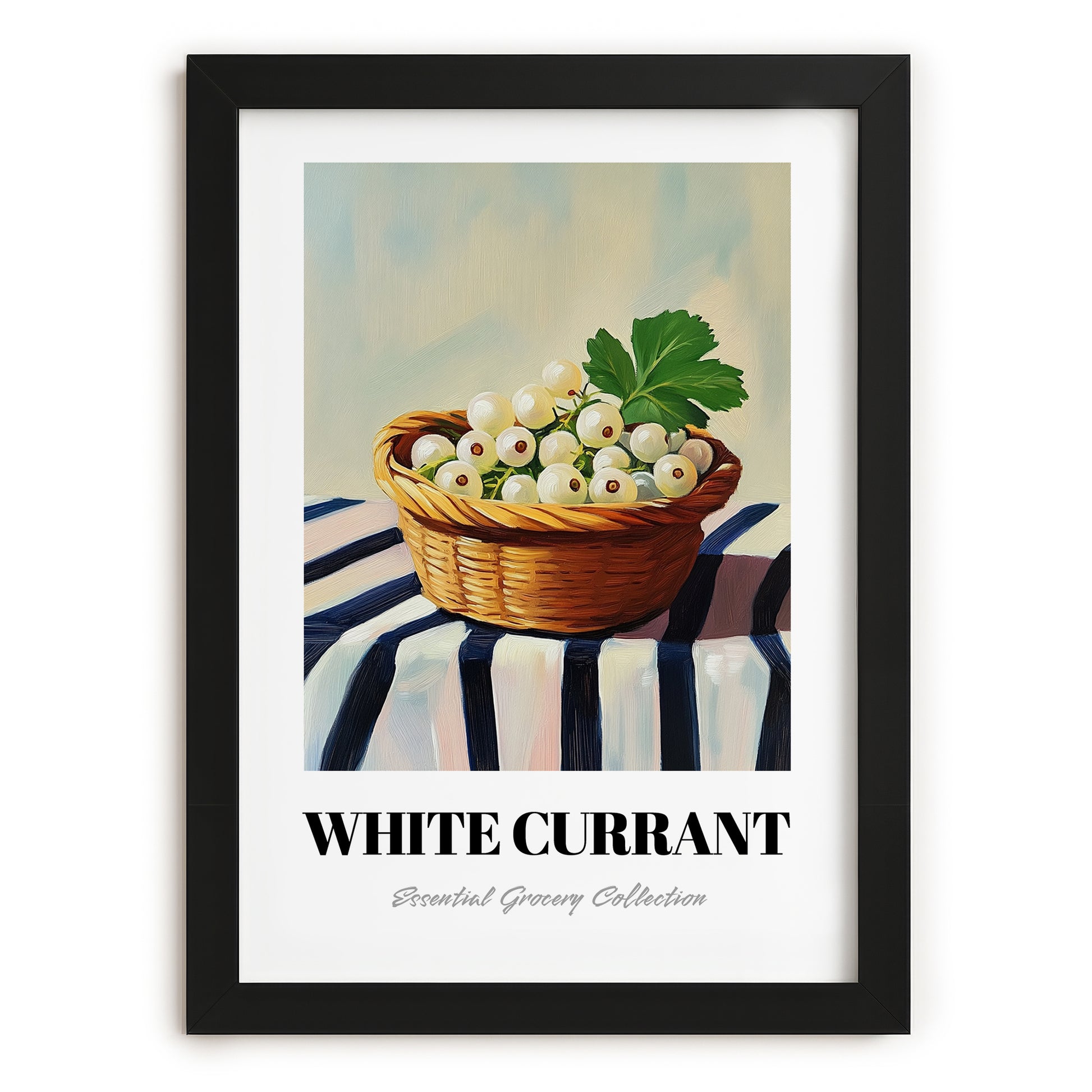 White Currant – on Striped Tablecloth, Berries Painting, in sleek black frame