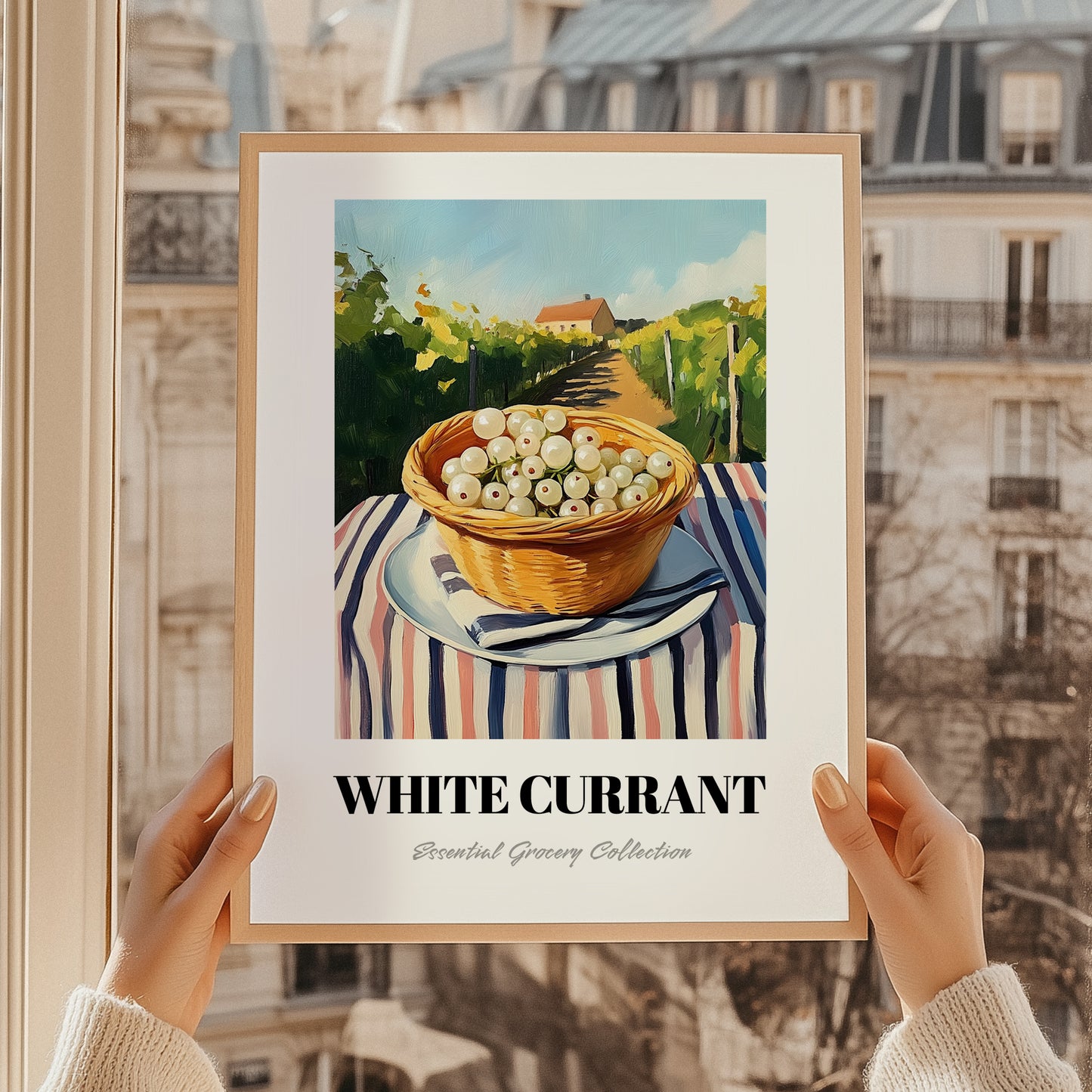 White Currant – Green Valley Landscape, Berries Art, styled in a charming Paris street view