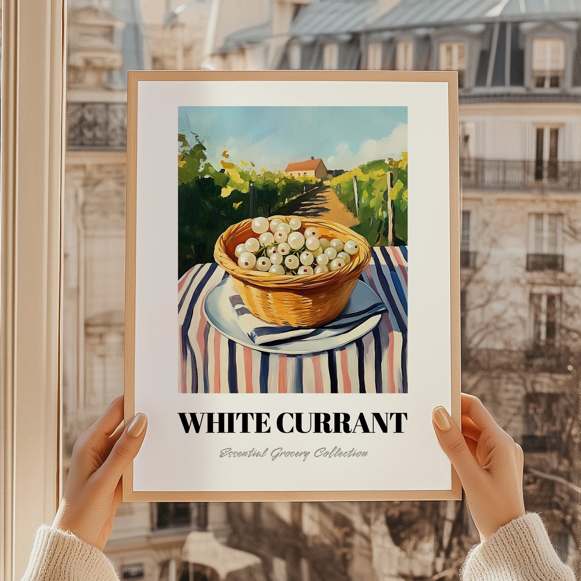 White Currant – Green Valley Landscape, Berries Art, styled in a charming Paris street view
