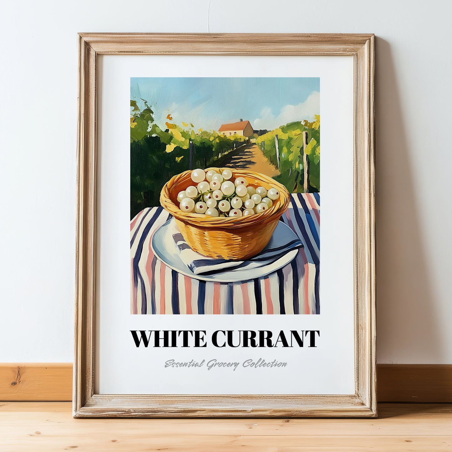 White Currant – Green Valley Landscape, Berries Art, in wooden frame leaning on the floor