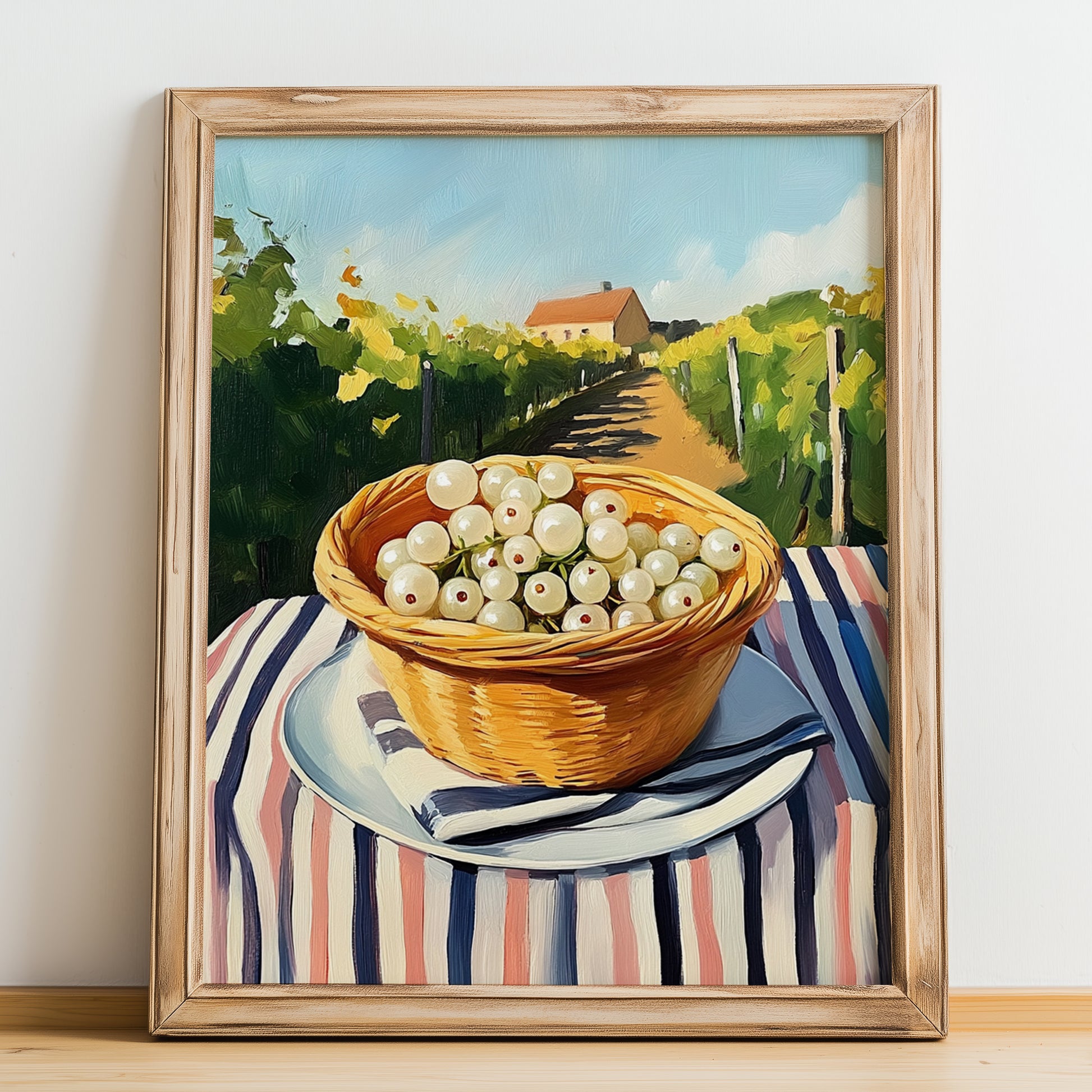 White Currant – Green Valley Landscape, Berries Art, no-text version framed in wood