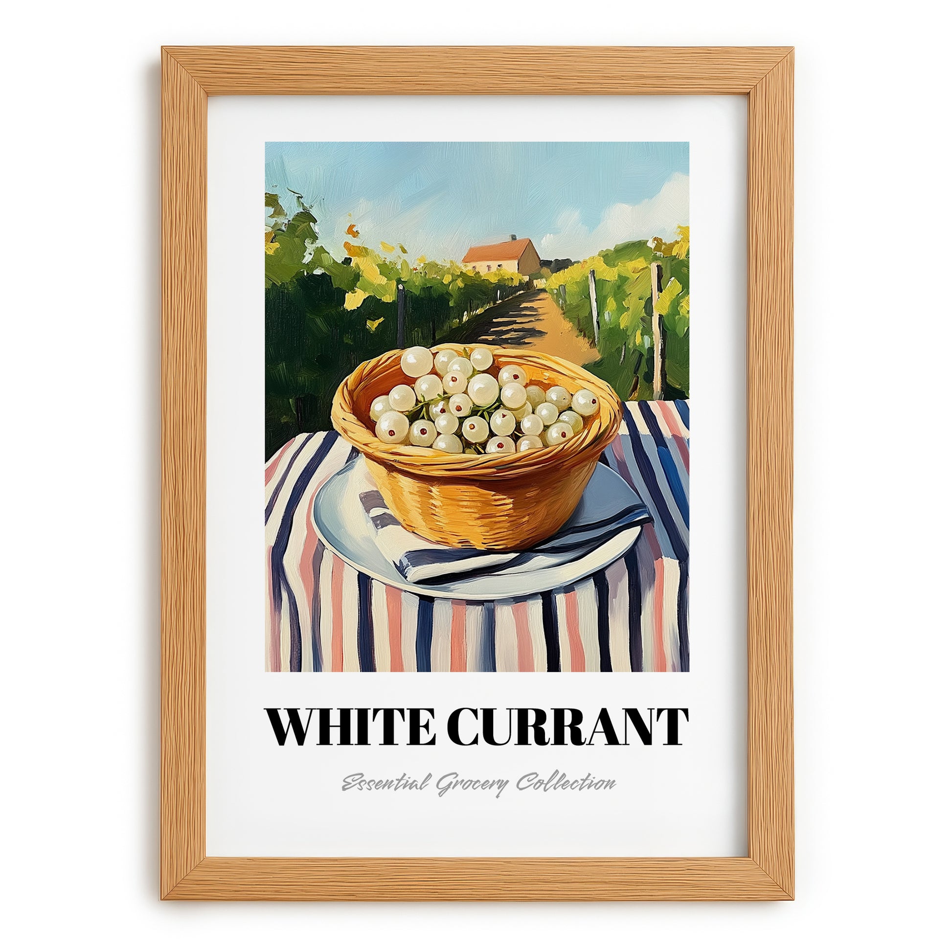 White Currant – Green Valley Landscape, Berries Art, set in oak frame