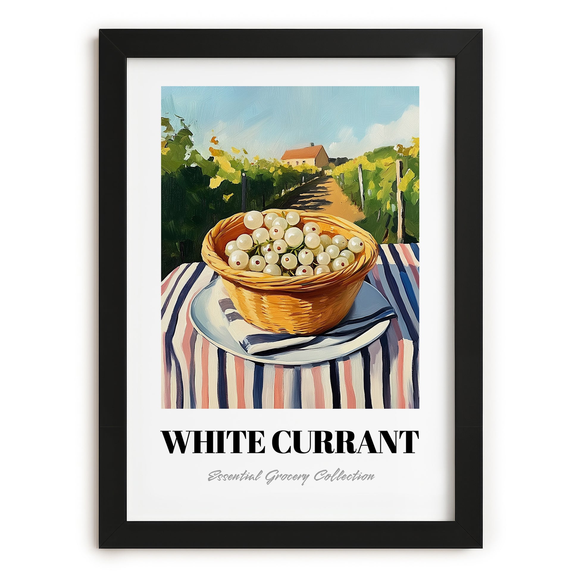 White Currant – Green Valley Landscape, Berries Art, in sleek black frame