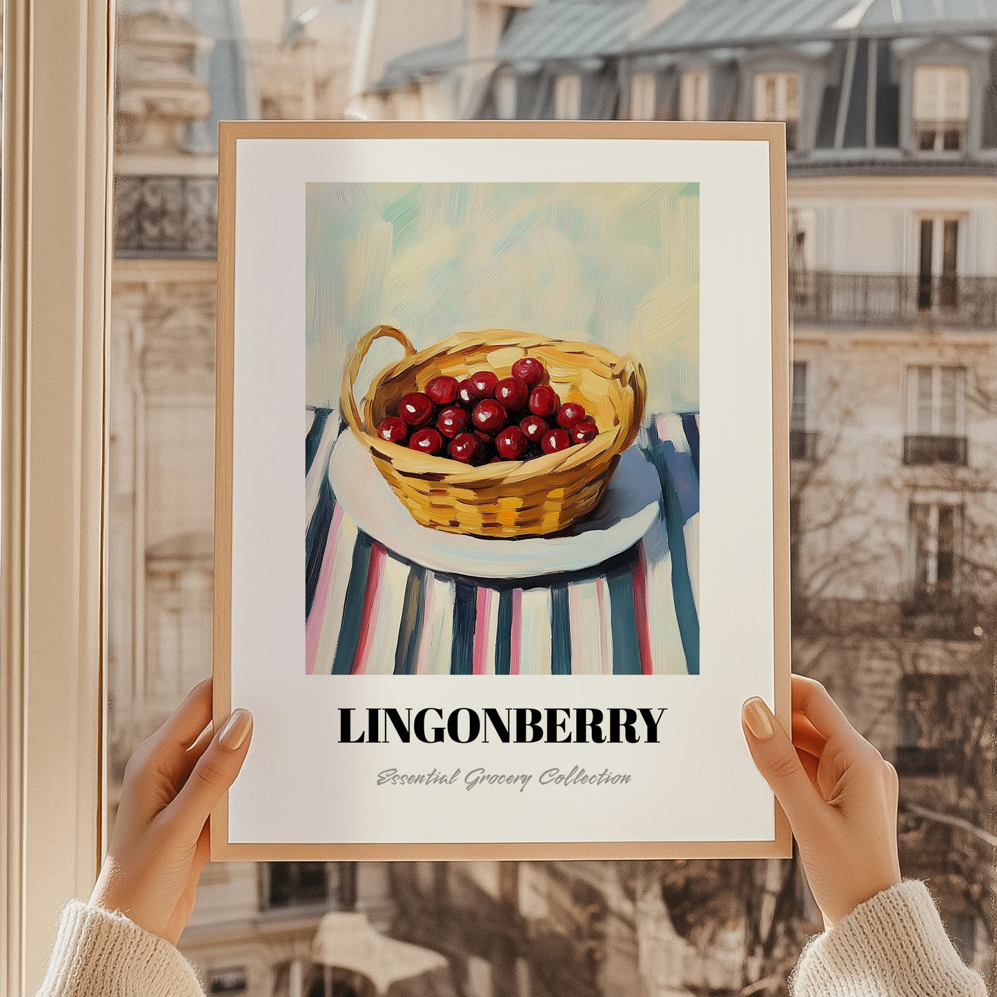 Lingonberry – on Striped Tablecloth, Berries Art, styled in a charming Paris street view