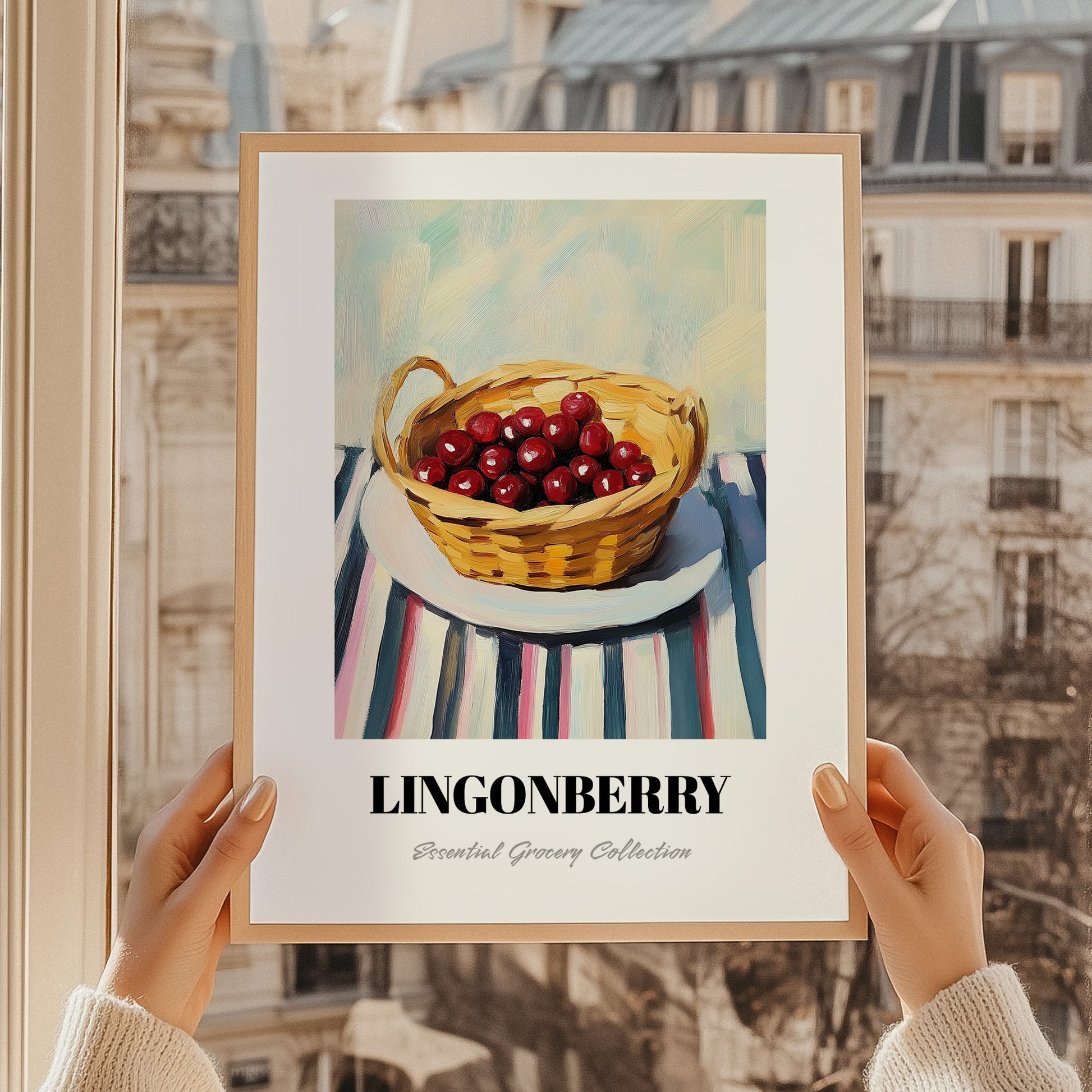 Lingonberry – on Striped Tablecloth, Berries Art, styled in a charming Paris street view