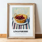 Lingonberry – on Striped Tablecloth, Berries Art, in wooden frame leaning on the floor