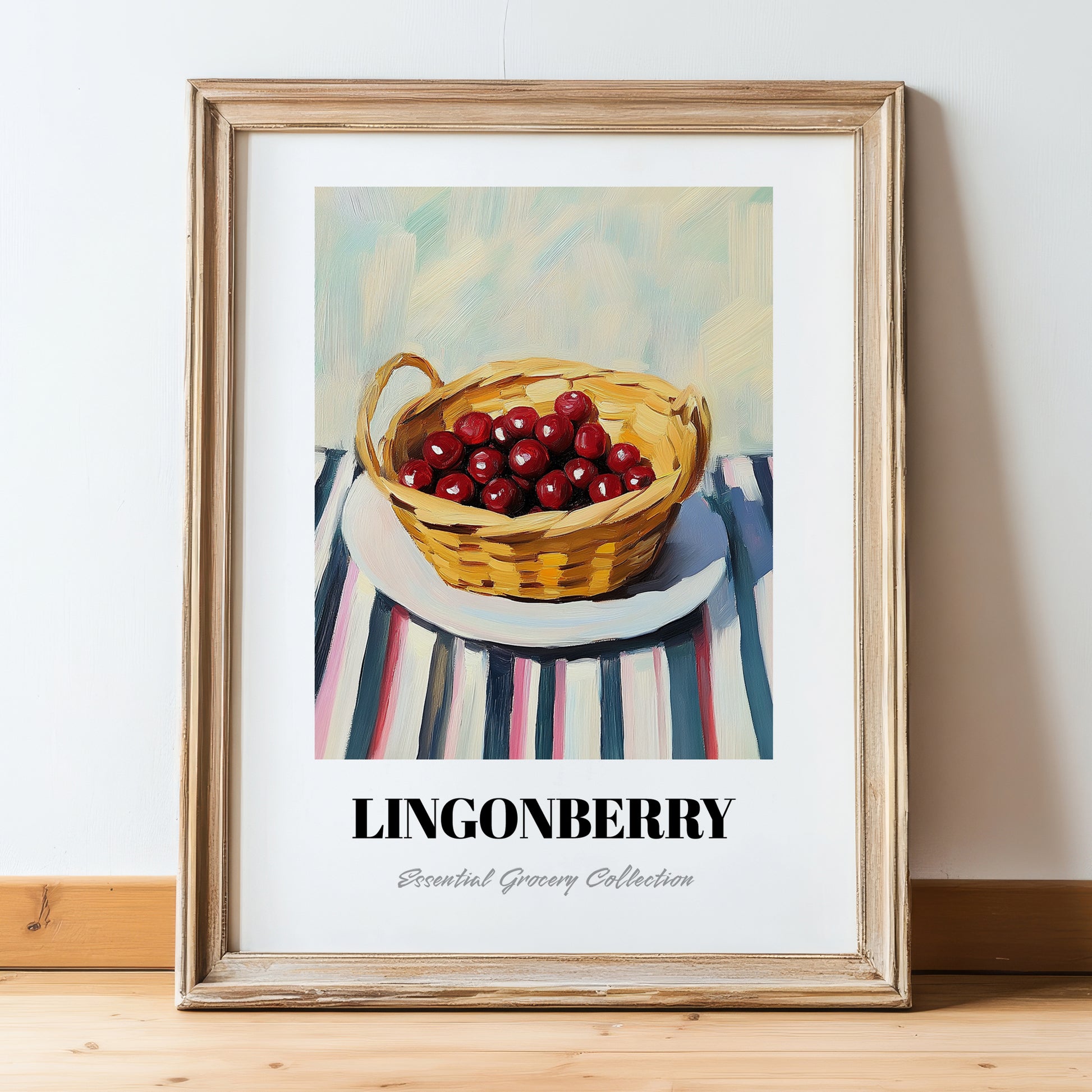 Lingonberry – on Striped Tablecloth, Berries Art, in wooden frame leaning on the floor