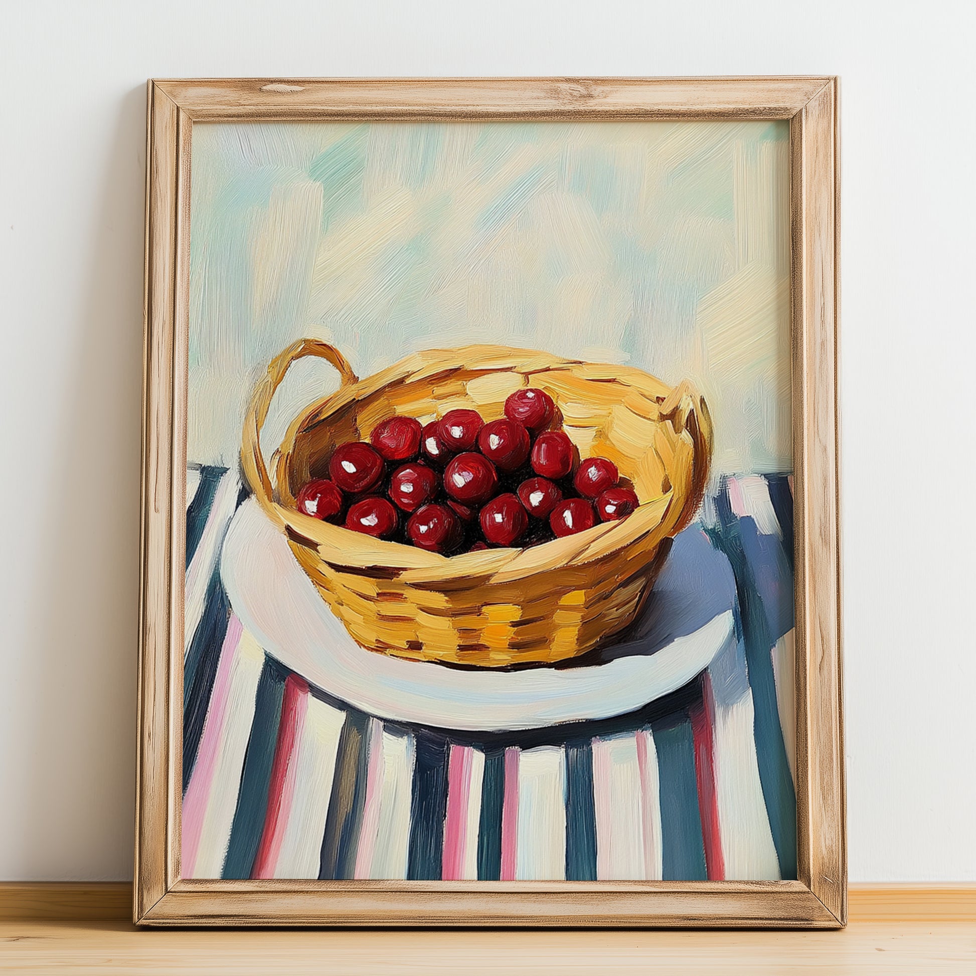 Lingonberry – on Striped Tablecloth, Berries Art, no-text version framed in wood