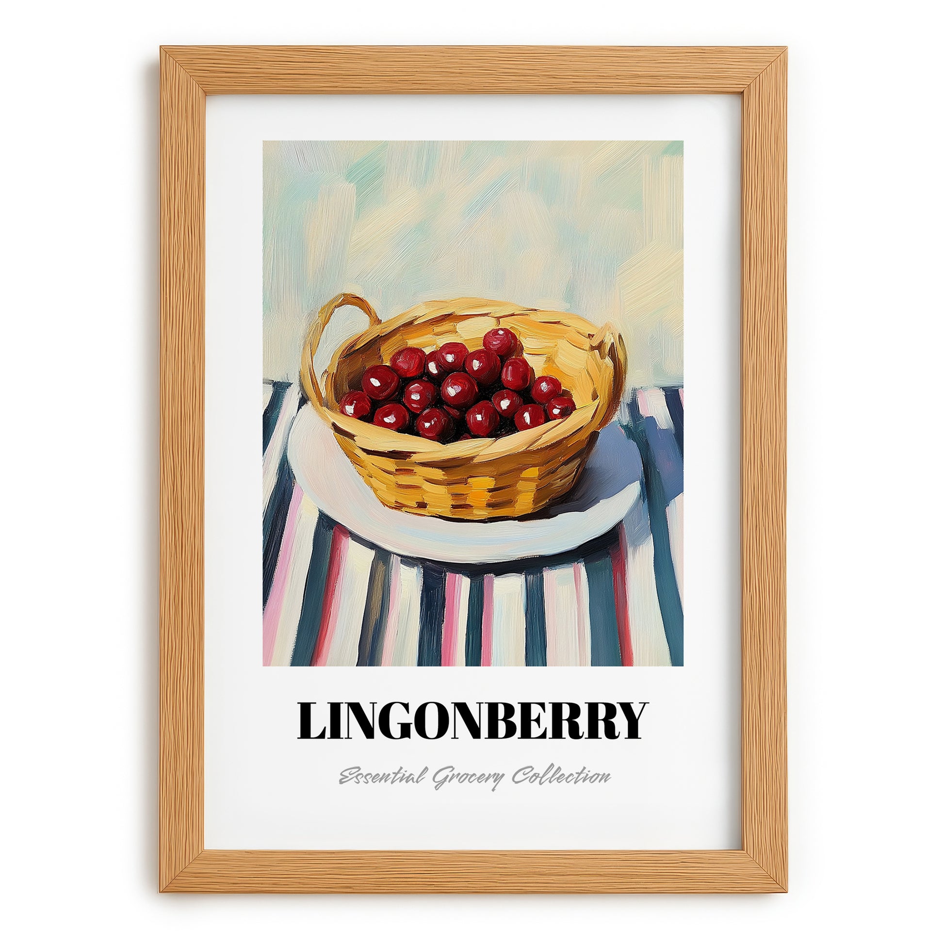 Lingonberry – on Striped Tablecloth, Berries Art, set in oak frame