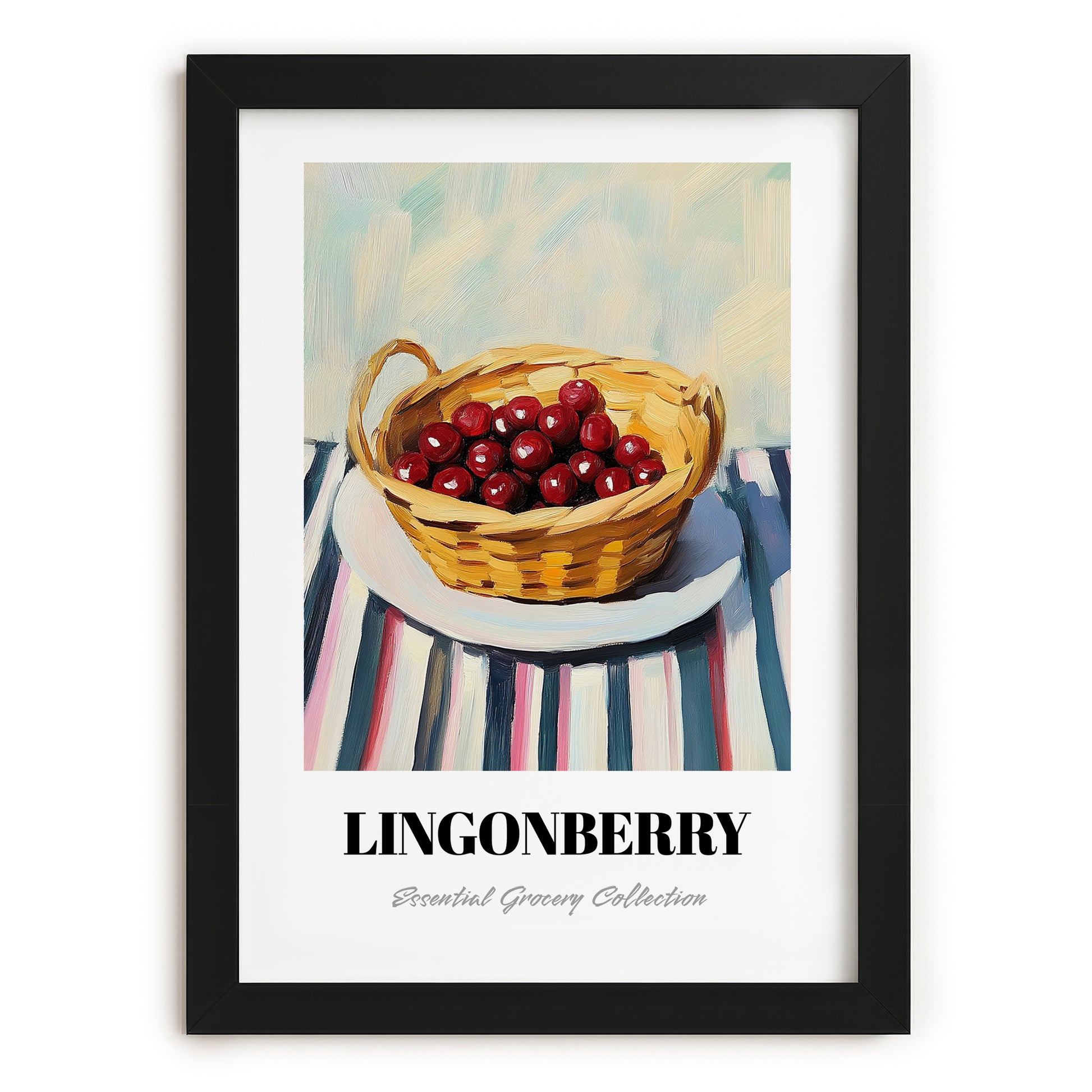 Lingonberry – on Striped Tablecloth, Berries Art, in sleek black frame
