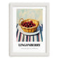 Lingonberry – on Striped Tablecloth, Berries Art, placed in minimal white frame