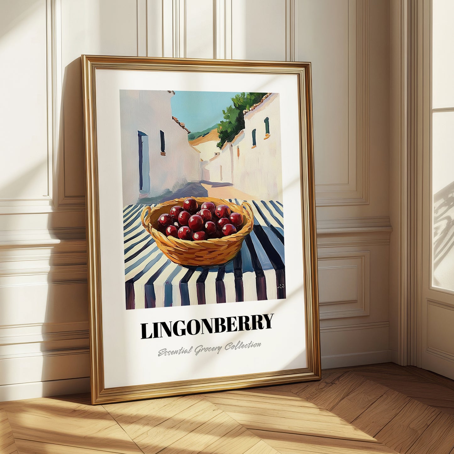 Lingonberry – White village Outdoor Café Scene, Berries Painting