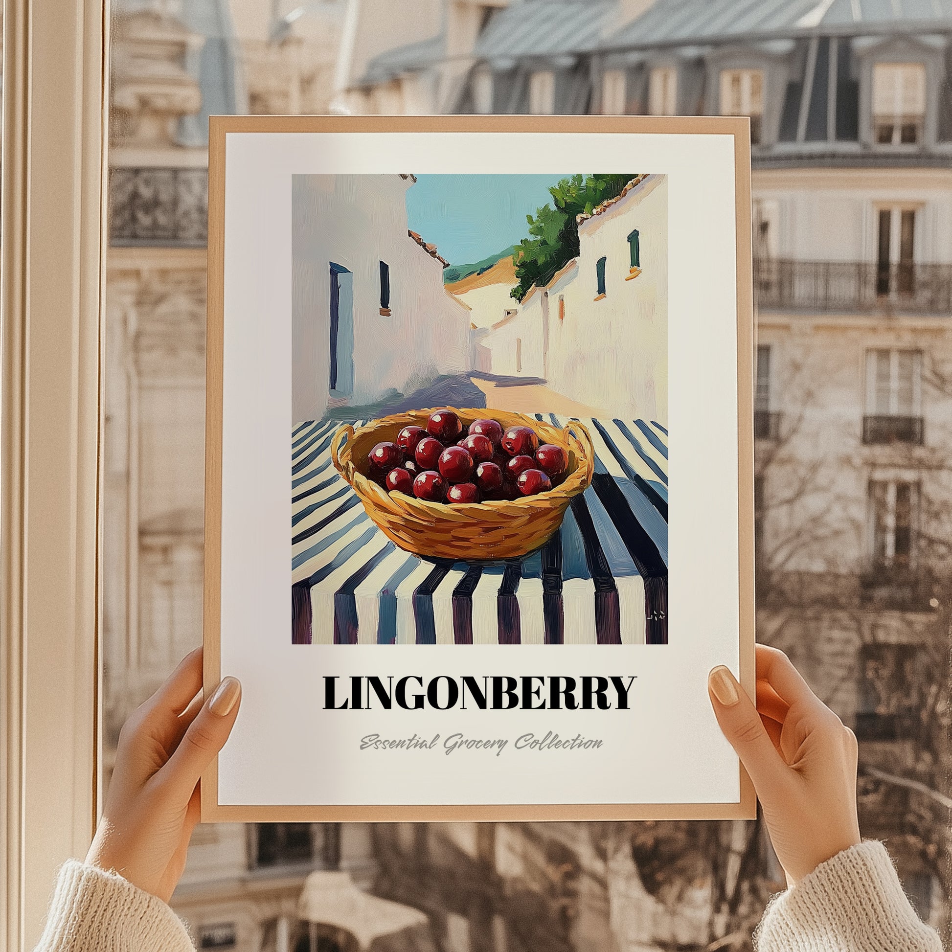 Lingonberry – White village Outdoor Café Scene, Berries Painting, styled in a charming Paris street view