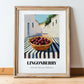 Lingonberry – White village Outdoor Café Scene, Berries Painting, in wooden frame leaning on the floor