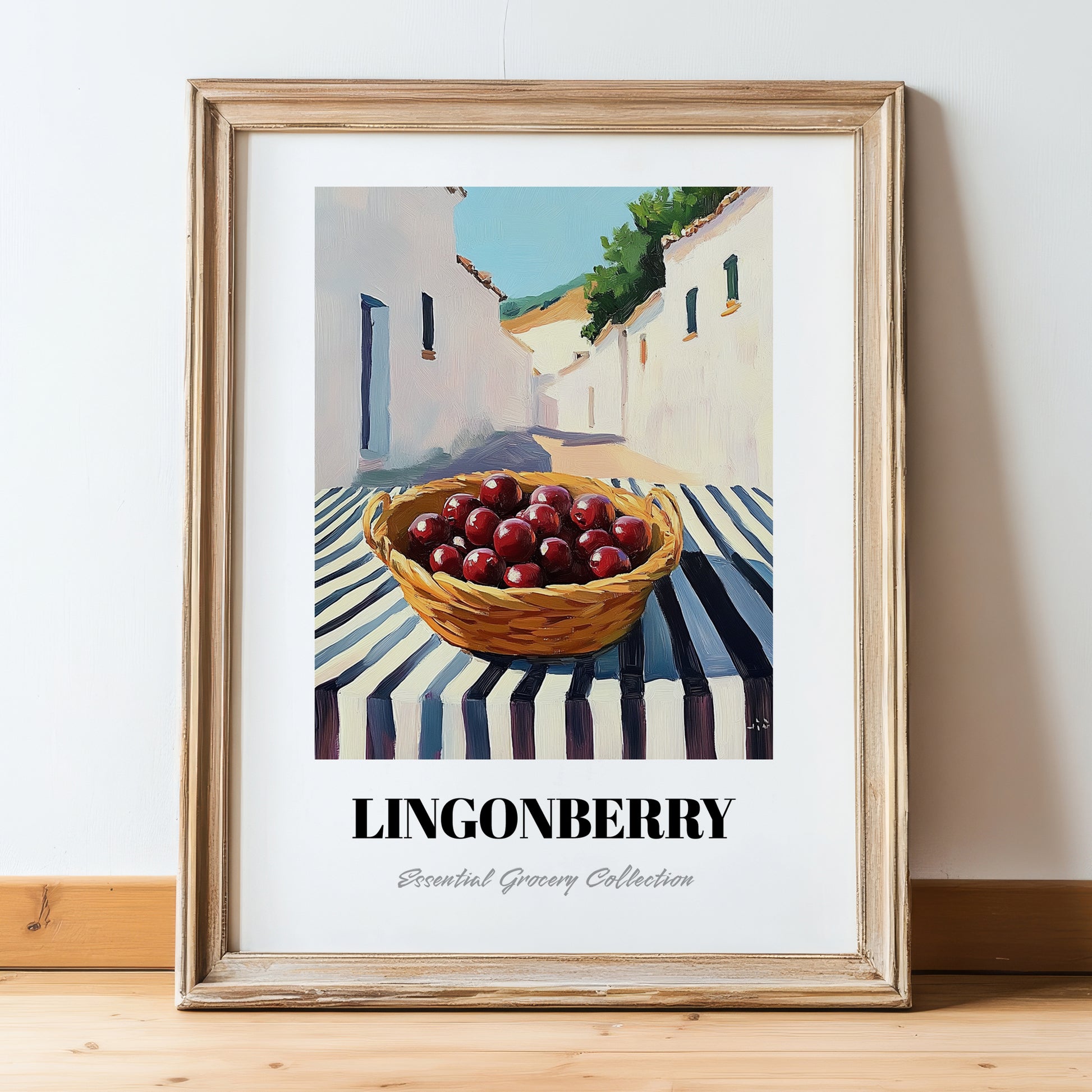 Lingonberry – White village Outdoor Café Scene, Berries Painting, in wooden frame leaning on the floor