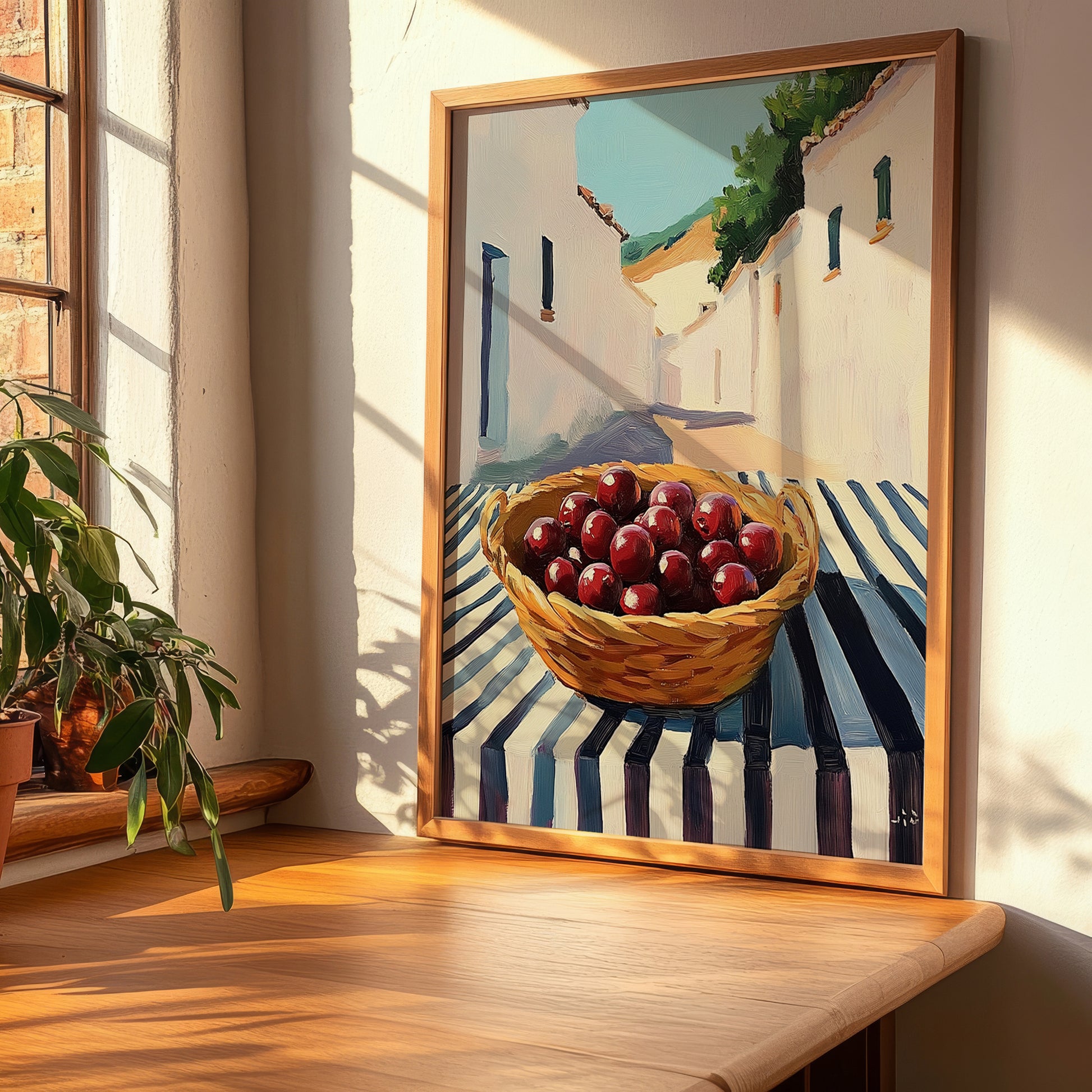 Lingonberry – White village Outdoor Café Scene, Berries Painting, clean layout with no caption