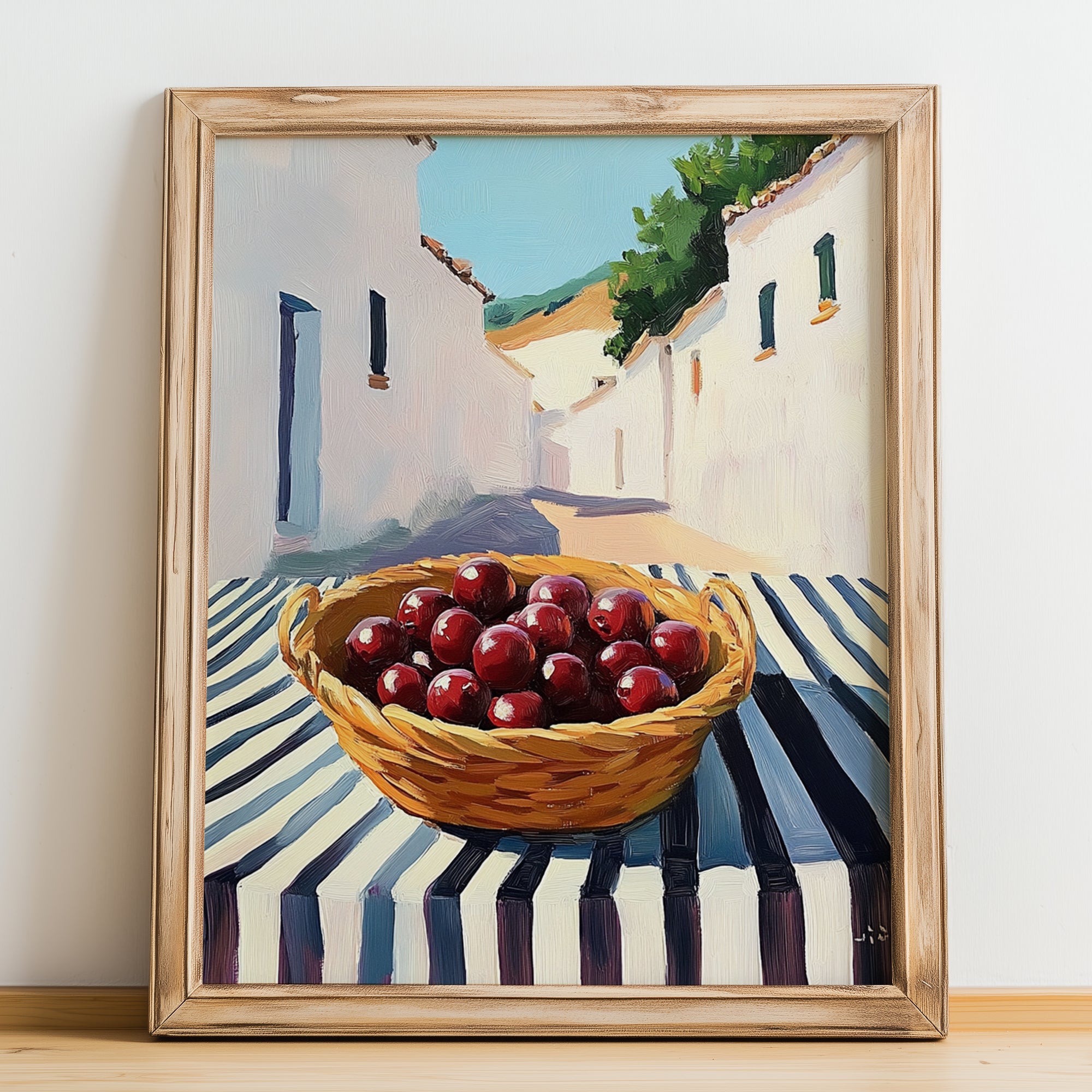 Lingonberry – White village Outdoor Café Scene, Berries Painting, no-text version framed in wood