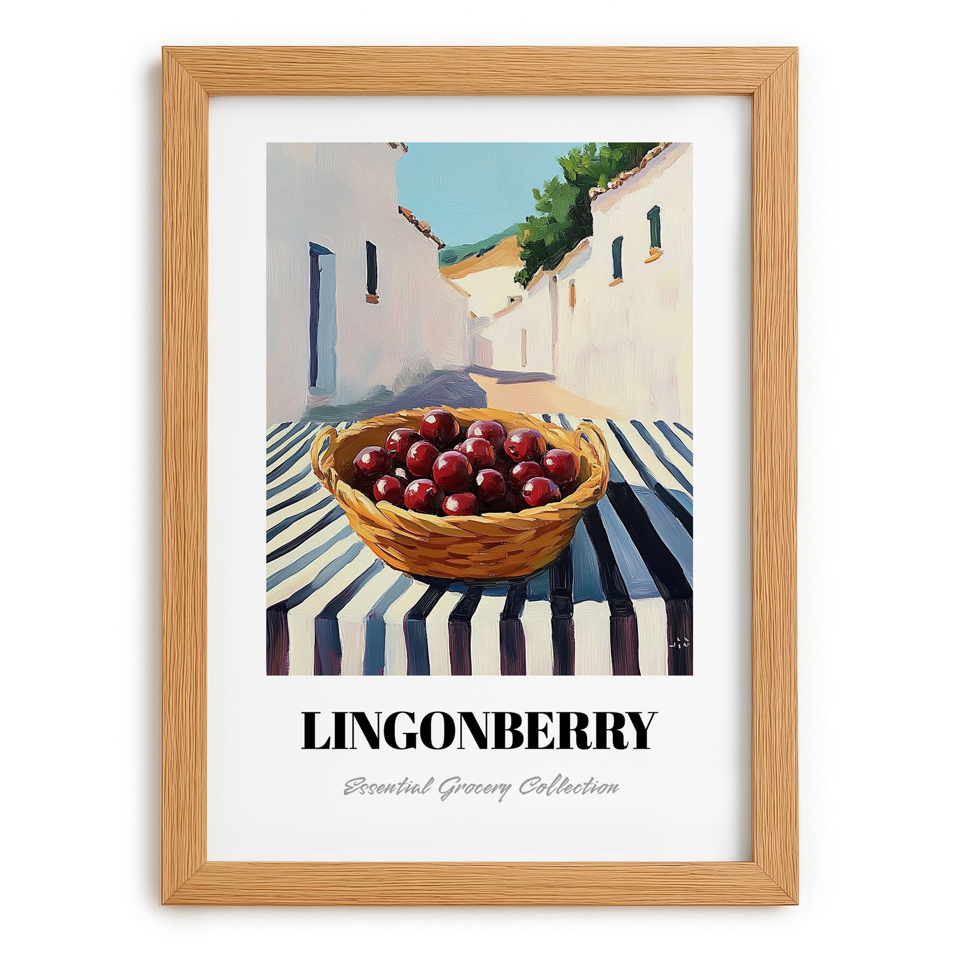 Lingonberry – White village Outdoor Café Scene, Berries Painting, set in oak frame