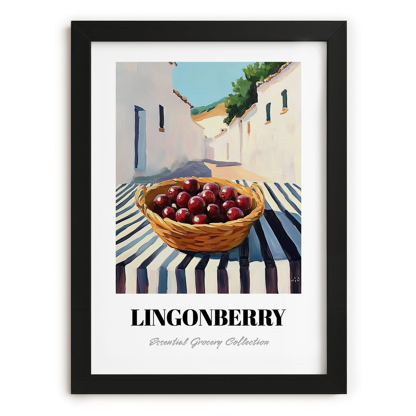 Lingonberry – White village Outdoor Café Scene, Berries Painting, in sleek black frame