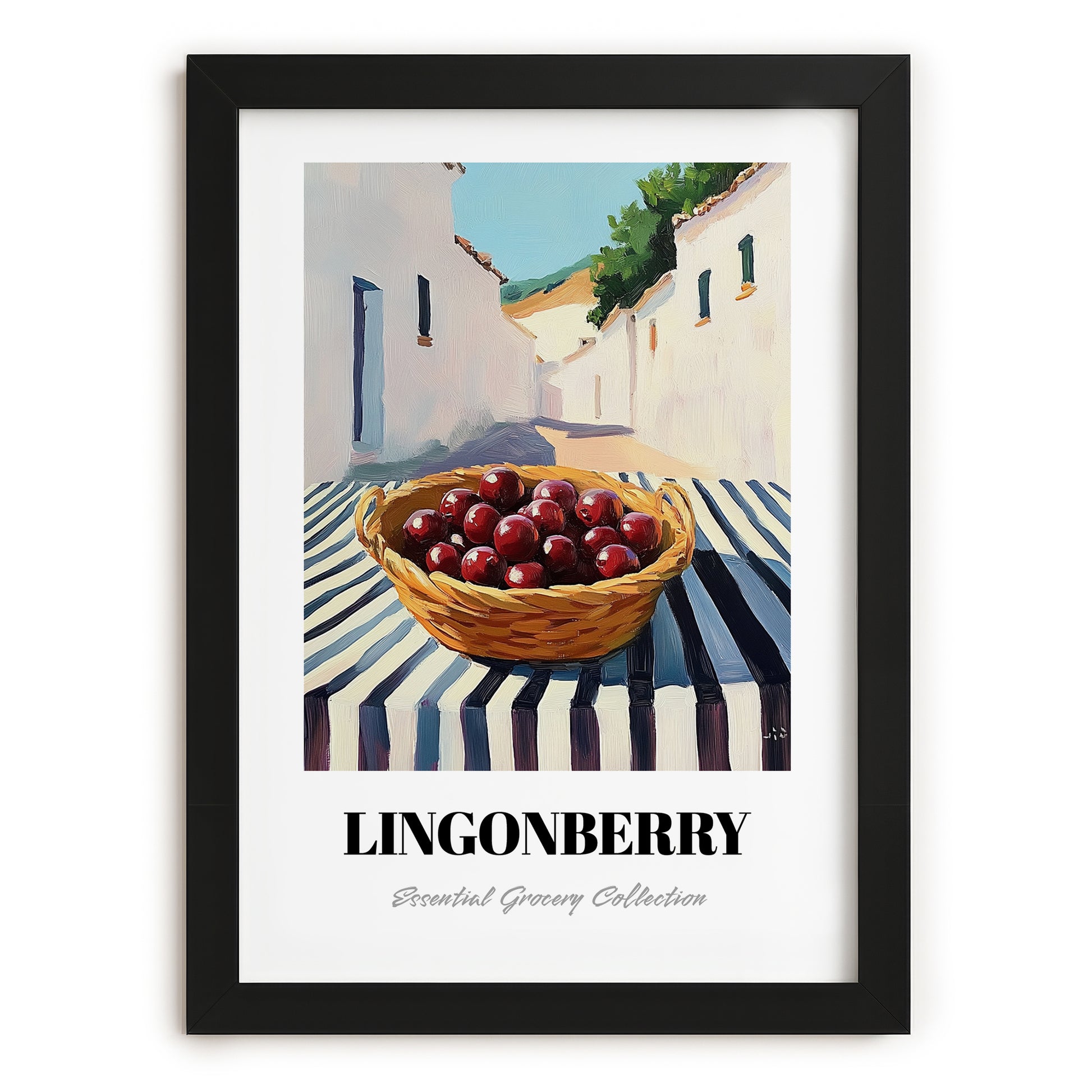 Lingonberry – White village Outdoor Café Scene, Berries Painting, in sleek black frame