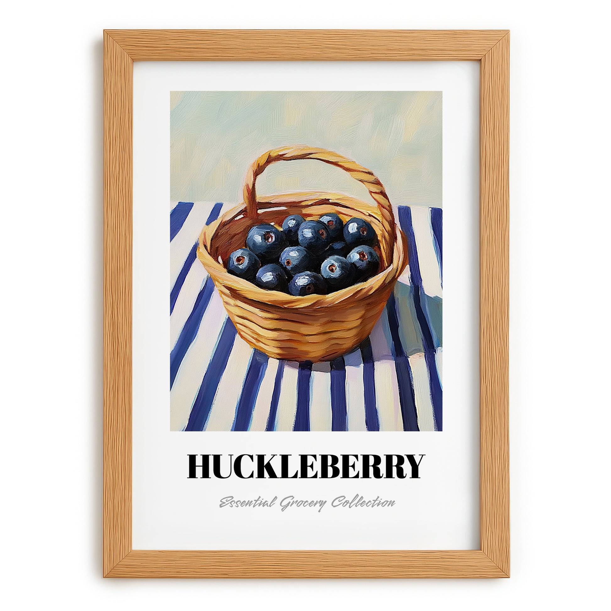 Huckleberry – on Striped Tablecloth, Berries Painting, set in oak frame