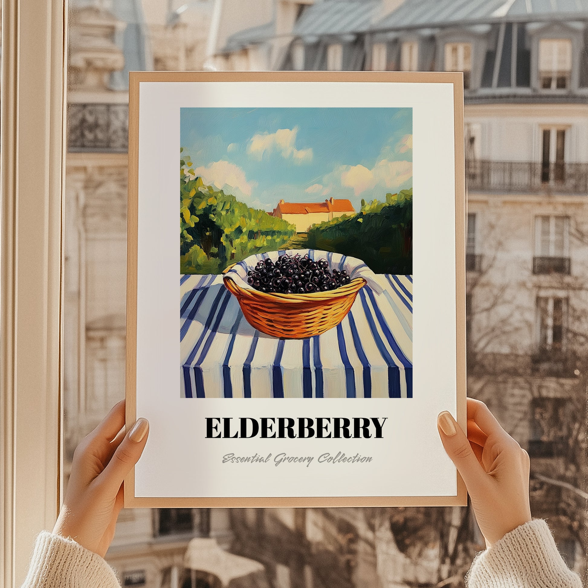 Elderberry – Green Valley Landscape, Berries Still Life, styled in a charming Paris street view