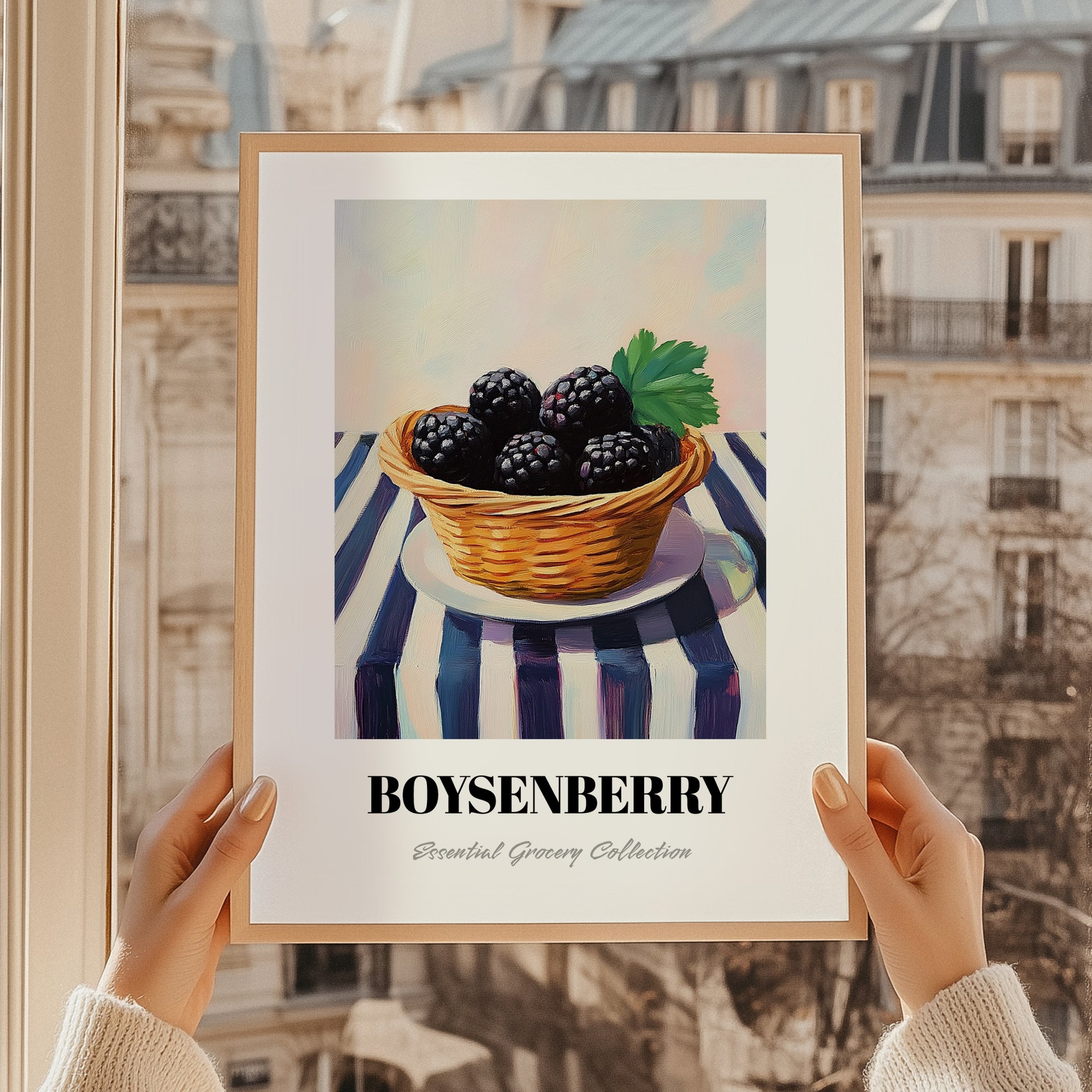 Boysenberry – on Striped Tablecloth, Berries Wall Decor, styled in a charming Paris street view