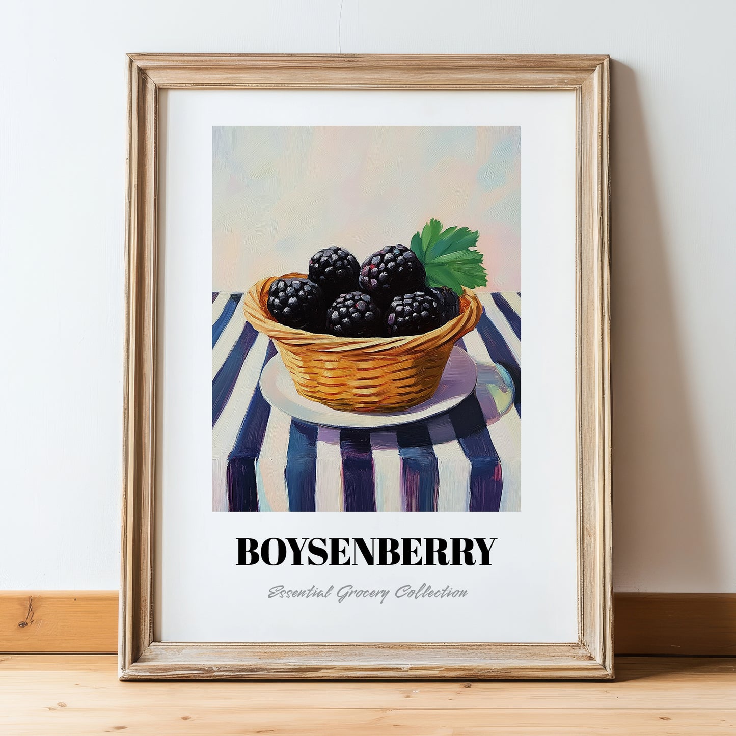 Boysenberry – on Striped Tablecloth, Berries Wall Decor, in wooden frame leaning on the floor