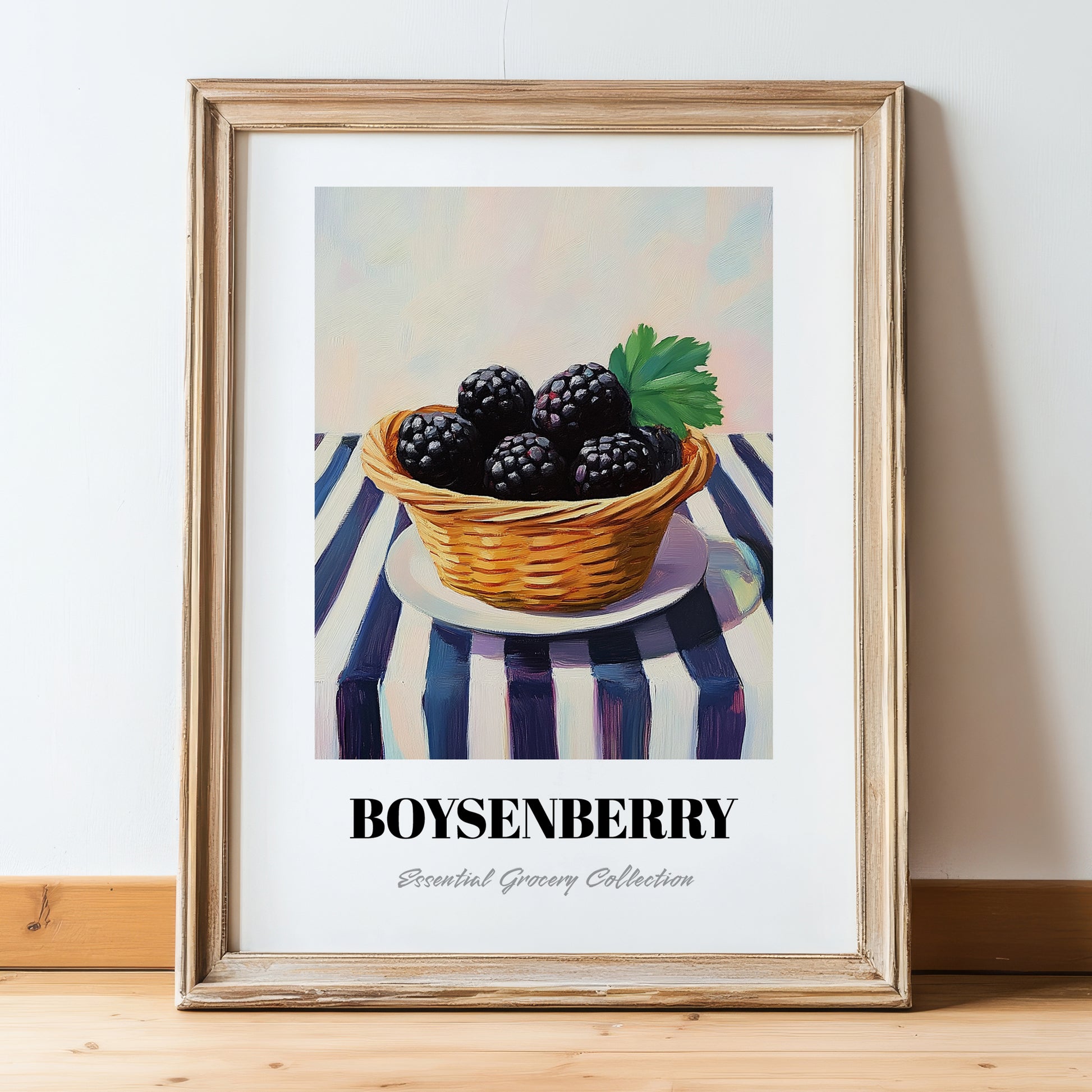 Boysenberry – on Striped Tablecloth, Berries Wall Decor, in wooden frame leaning on the floor