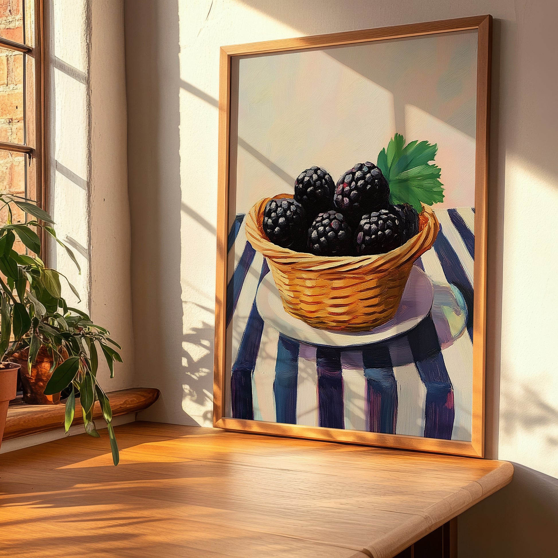 Boysenberry – on Striped Tablecloth, Berries Wall Decor, clean layout with no caption