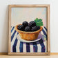 Boysenberry – on Striped Tablecloth, Berries Wall Decor, no-text version framed in wood