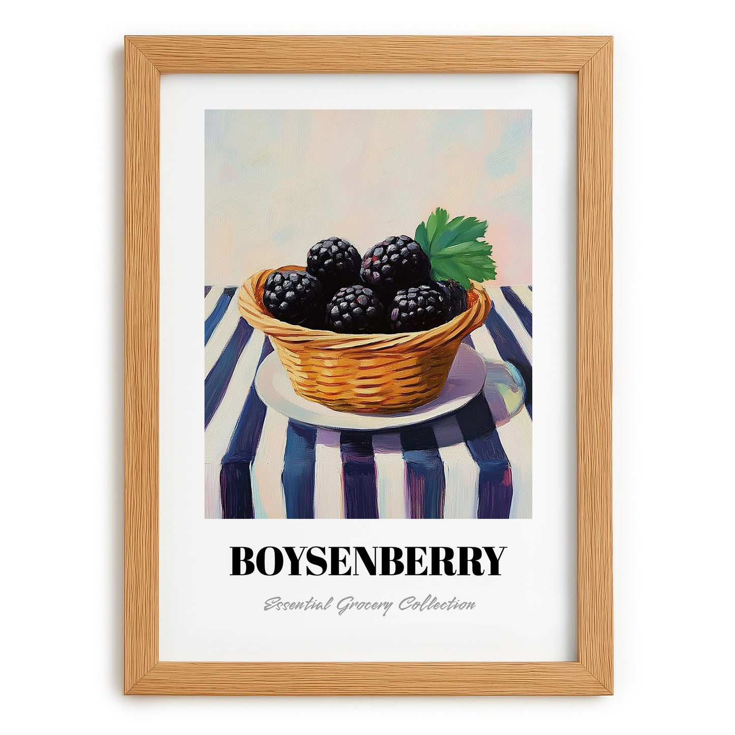 Boysenberry – on Striped Tablecloth, Berries Wall Decor, set in oak frame