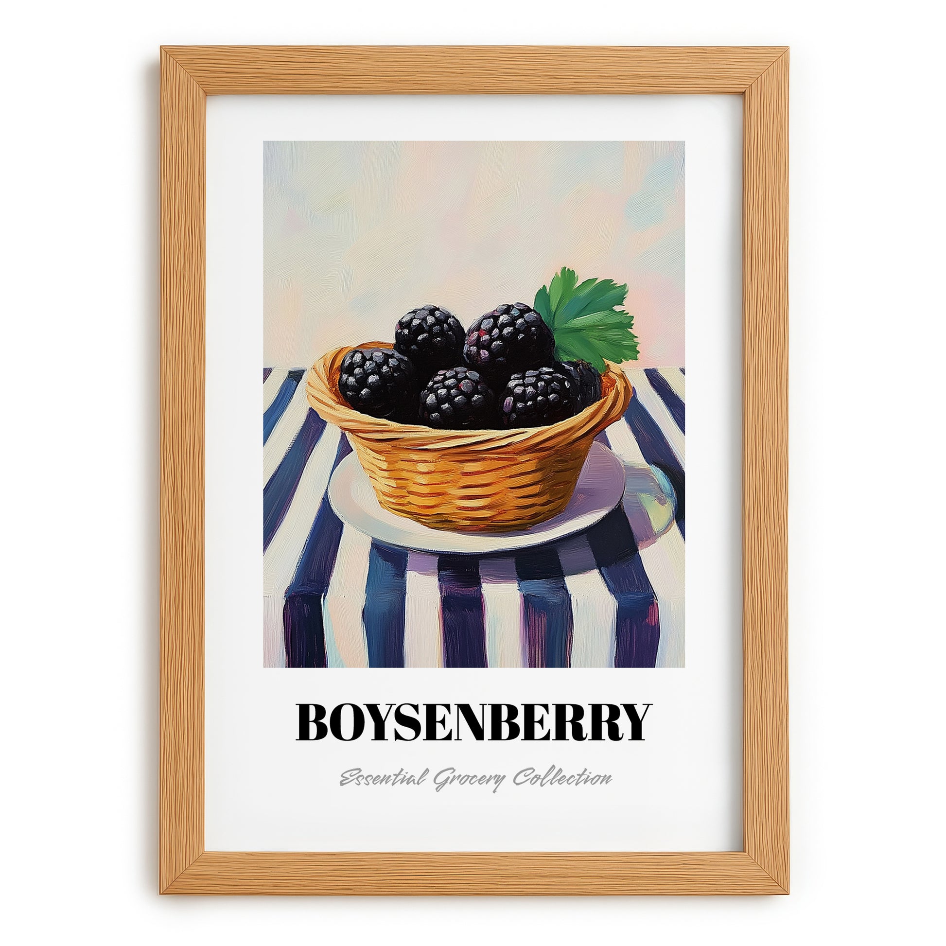Boysenberry – on Striped Tablecloth, Berries Wall Decor, set in oak frame