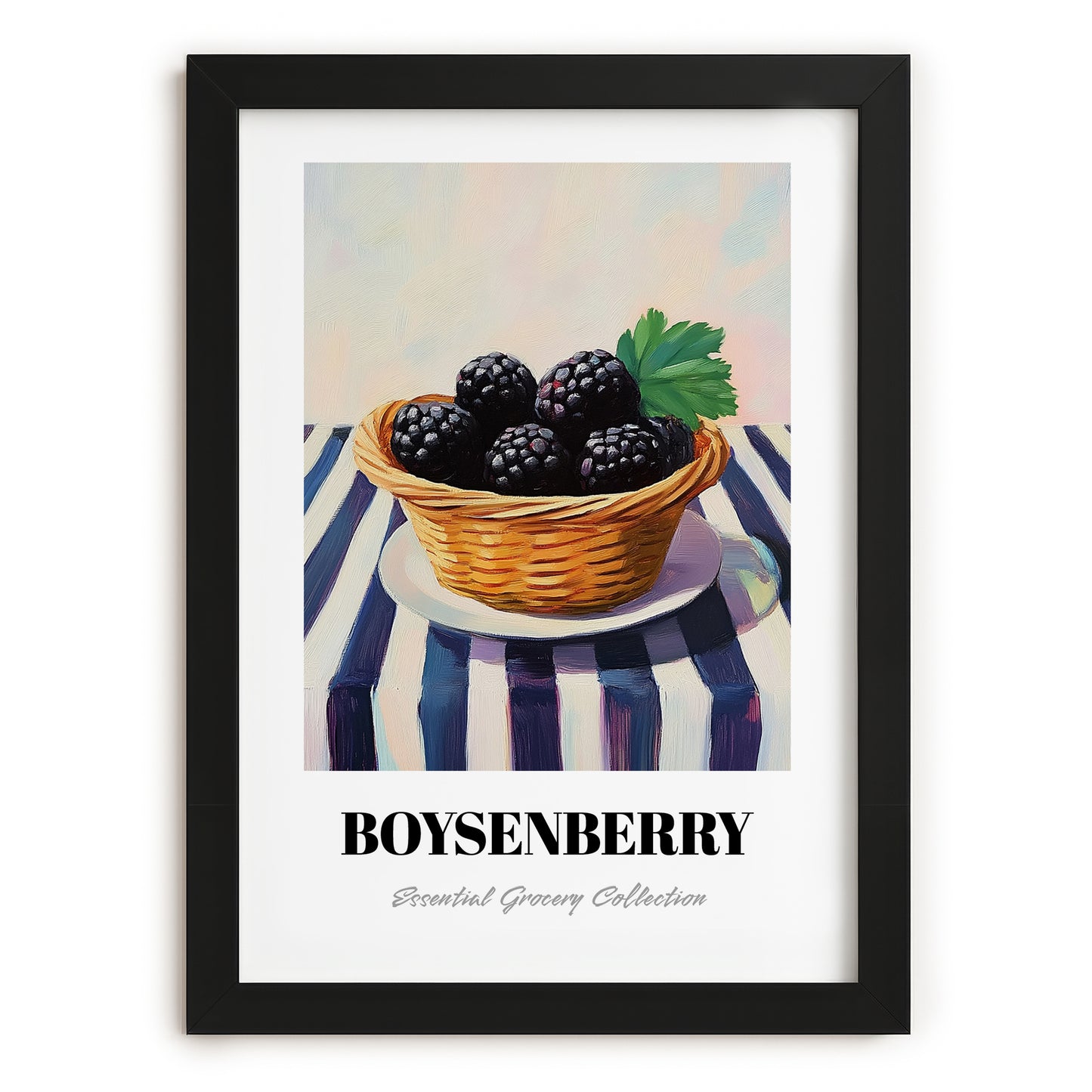 Boysenberry – on Striped Tablecloth, Berries Wall Decor, in sleek black frame