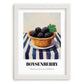 Boysenberry – on Striped Tablecloth, Berries Wall Decor, placed in minimal white frame