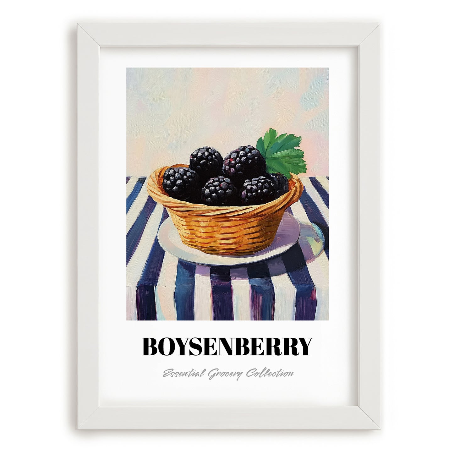 Boysenberry – on Striped Tablecloth, Berries Wall Decor, placed in minimal white frame