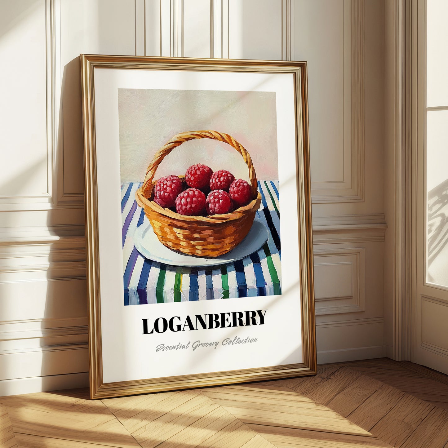 Loganberry – on Striped Tablecloth, Berries Painting