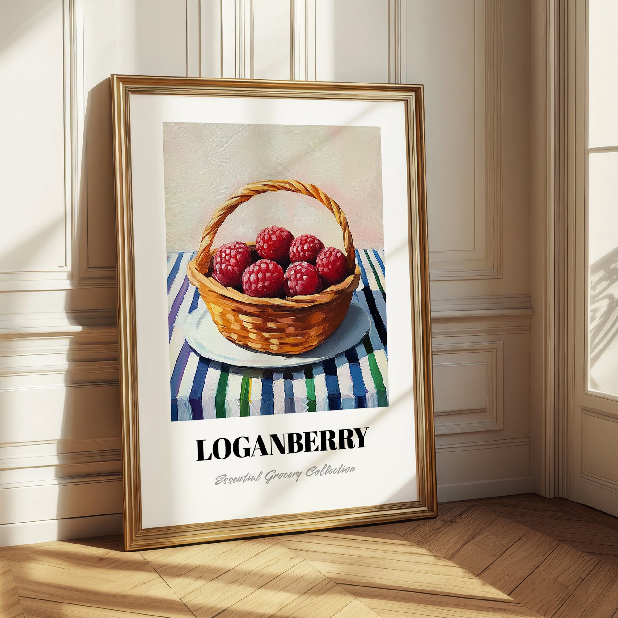 Loganberry – on Striped Tablecloth, Berries Painting