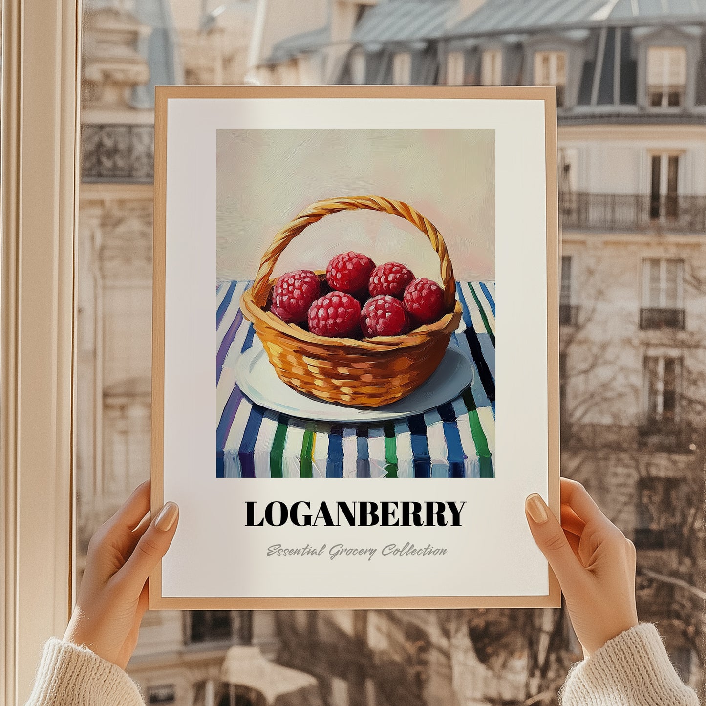 Loganberry – on Striped Tablecloth, Berries Painting, styled in a charming Paris street view