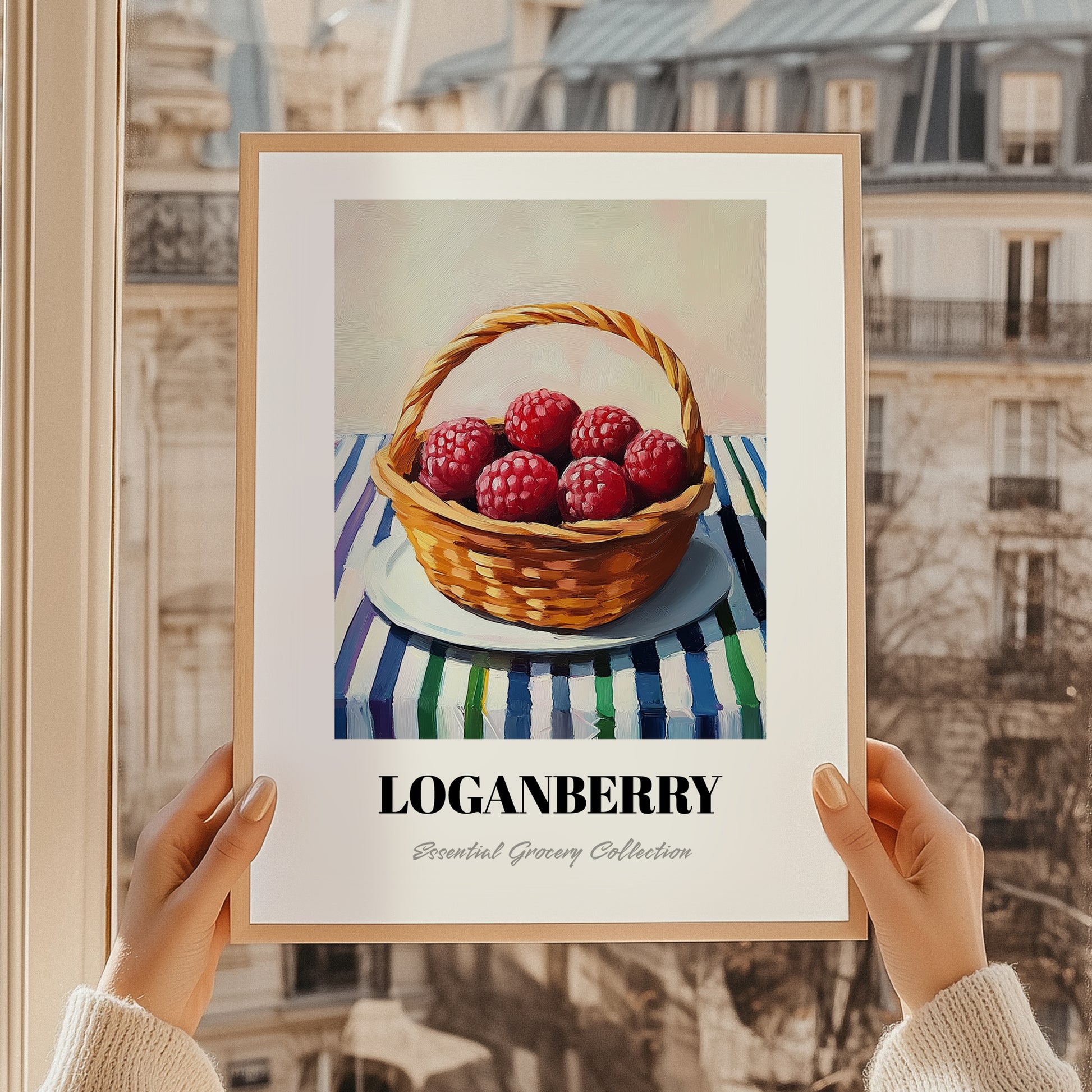 Loganberry – on Striped Tablecloth, Berries Painting, styled in a charming Paris street view