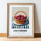Loganberry – on Striped Tablecloth, Berries Painting, in wooden frame leaning on the floor