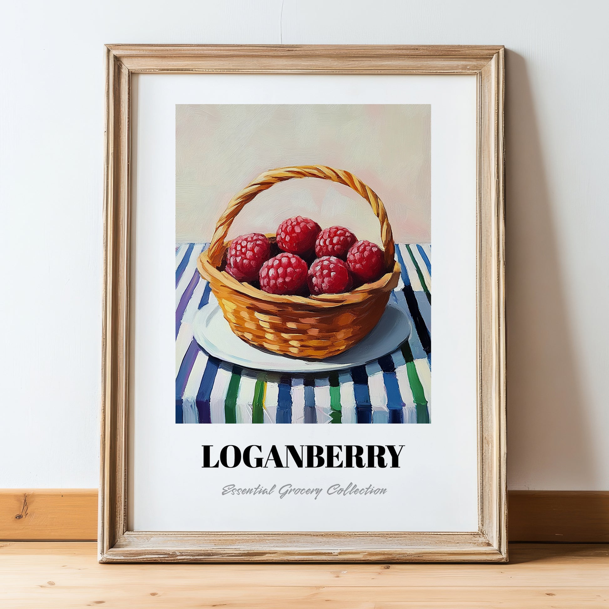 Loganberry – on Striped Tablecloth, Berries Painting, in wooden frame leaning on the floor