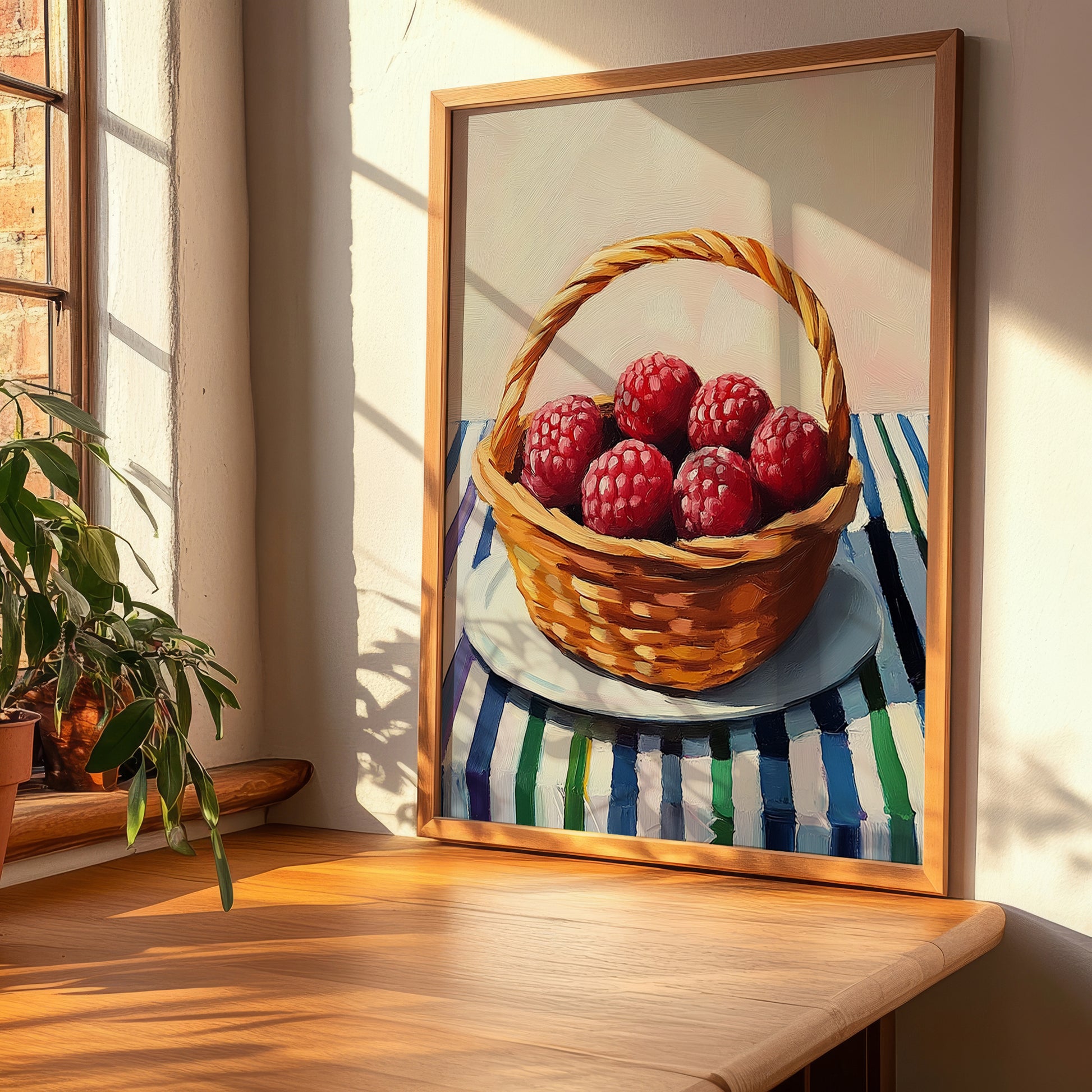 Loganberry – on Striped Tablecloth, Berries Painting, clean layout with no caption