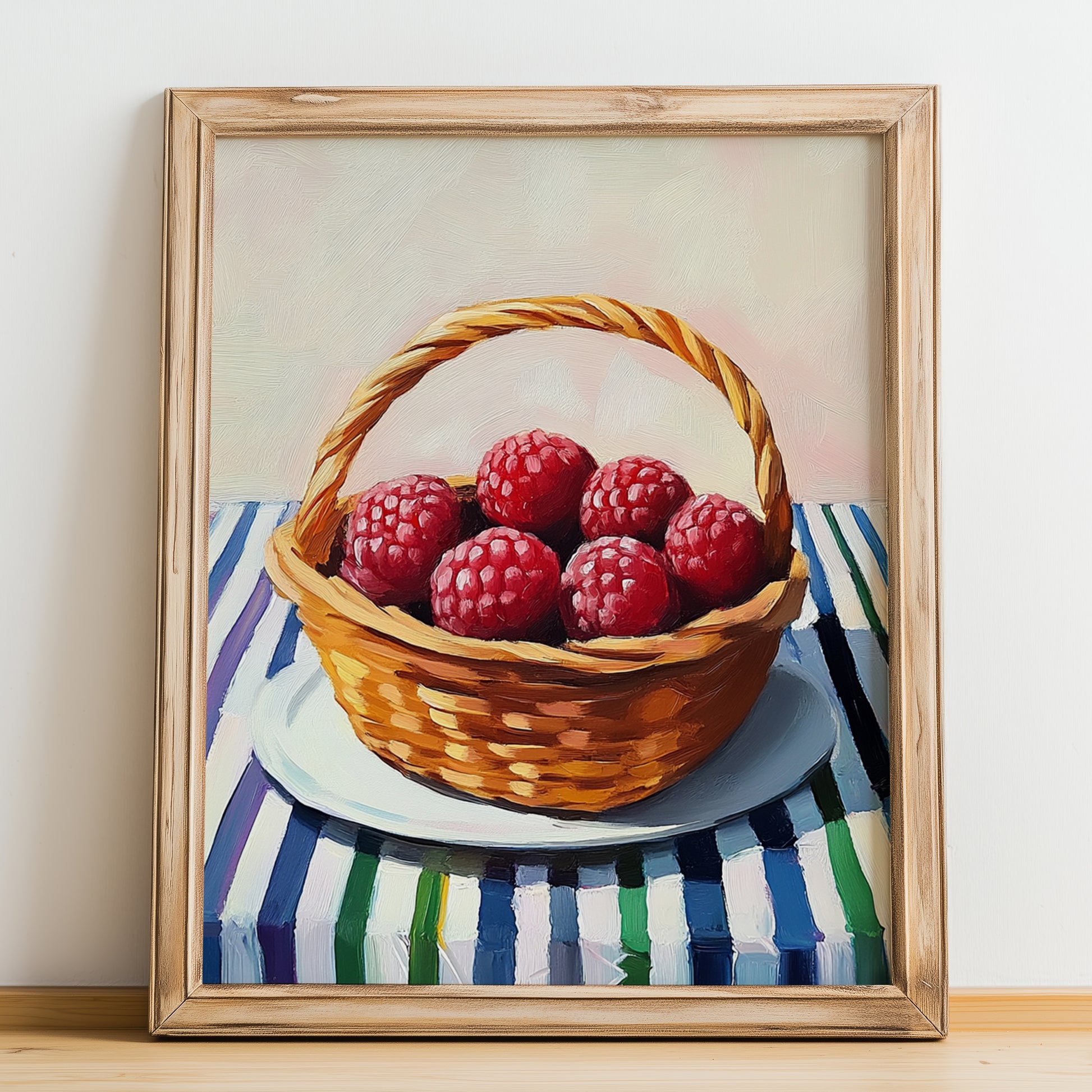 Loganberry – on Striped Tablecloth, Berries Painting, no-text version framed in wood