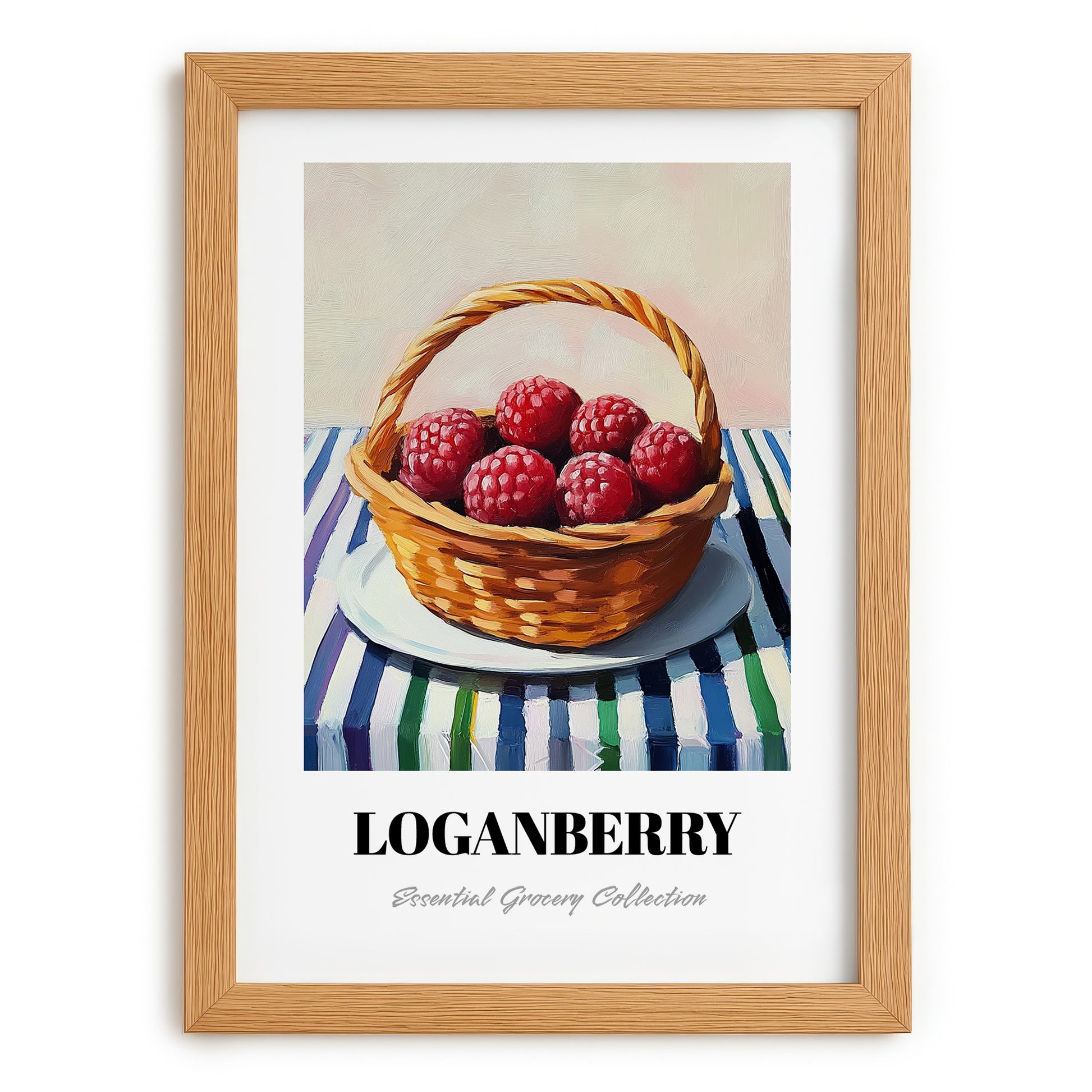Loganberry – on Striped Tablecloth, Berries Painting, set in oak frame