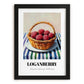 Loganberry – on Striped Tablecloth, Berries Painting, in sleek black frame