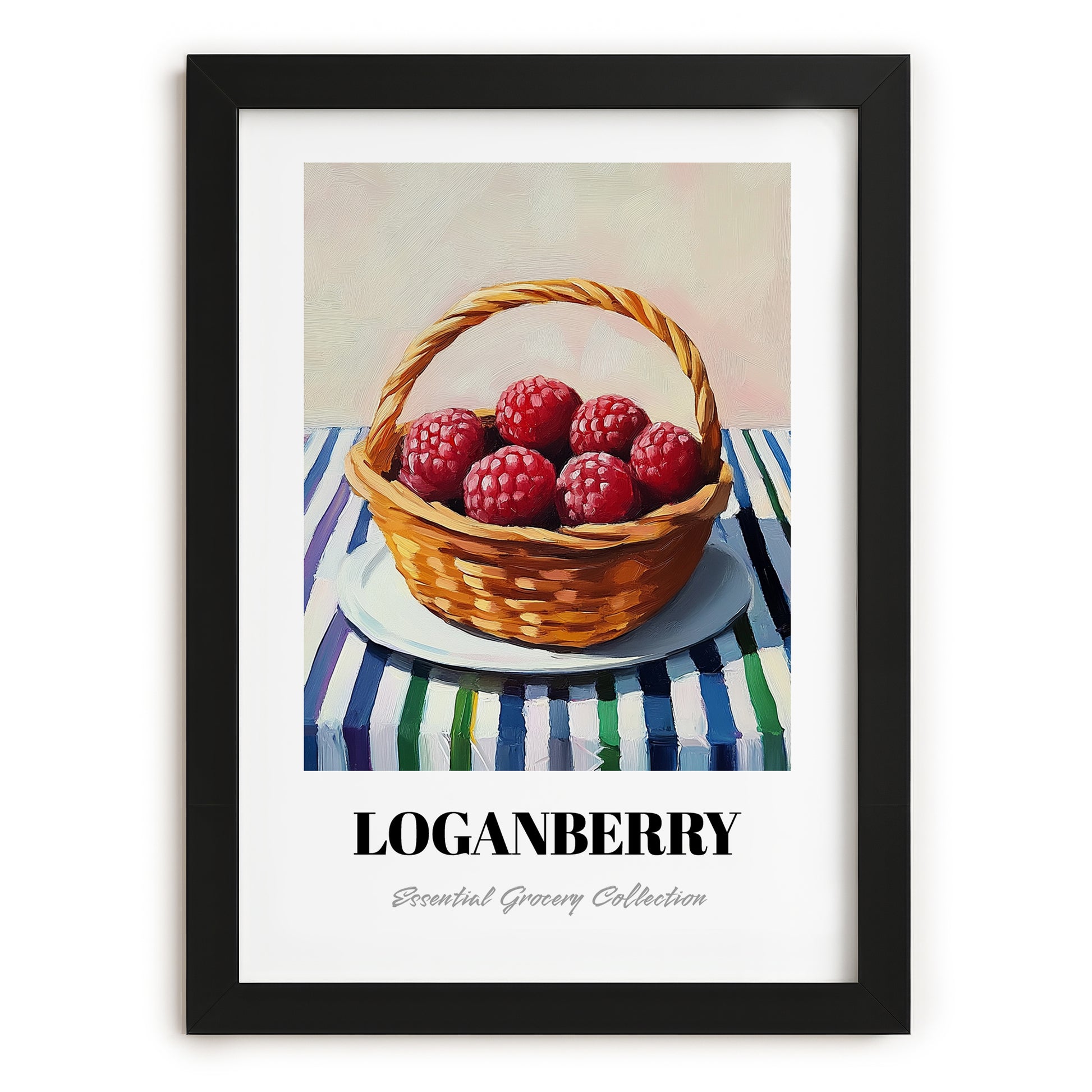 Loganberry – on Striped Tablecloth, Berries Painting, in sleek black frame