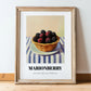 Marionberry – on Striped Tablecloth, Berries Wall Decor, in wooden frame leaning on the floor