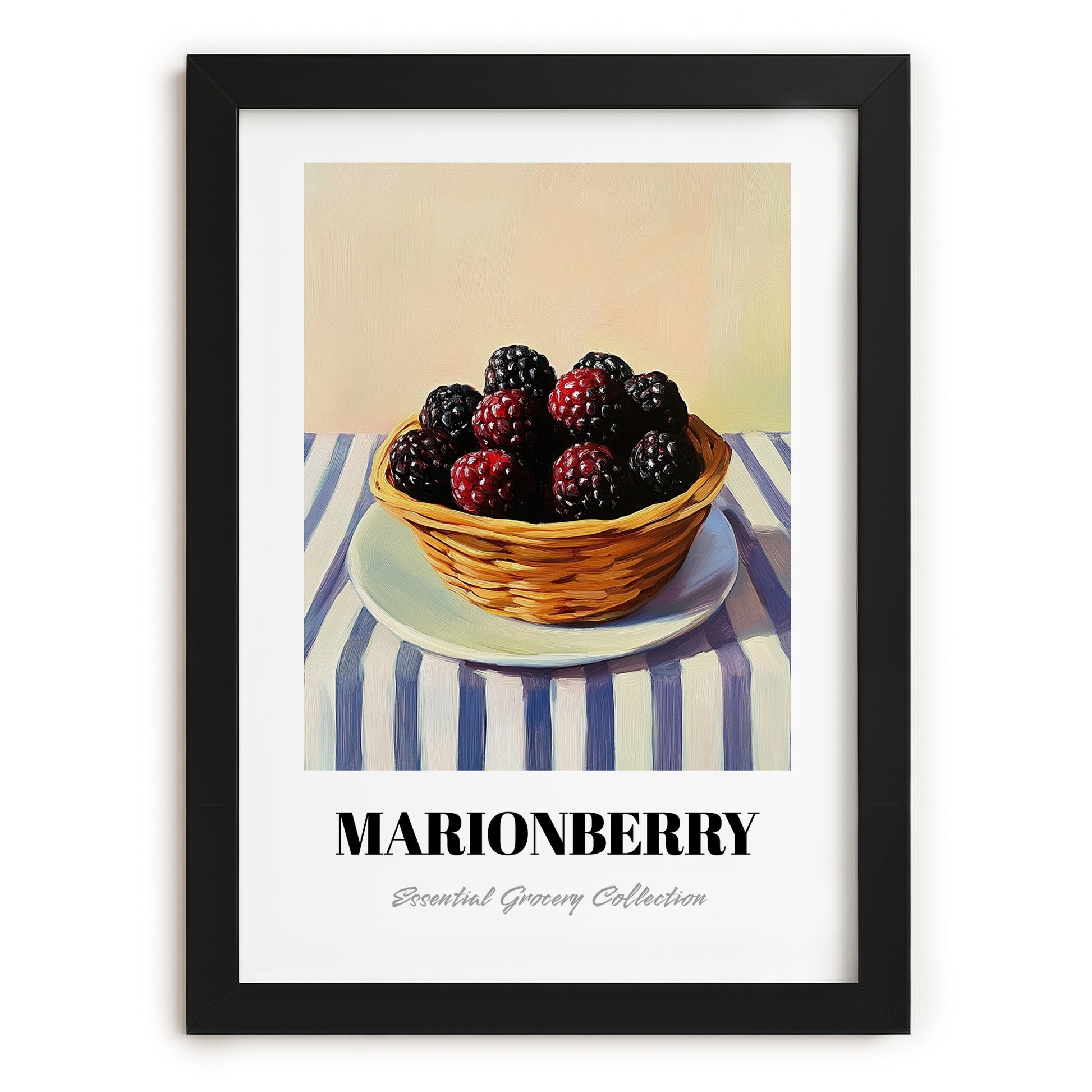 Marionberry – on Striped Tablecloth, Berries Wall Decor, in sleek black frame