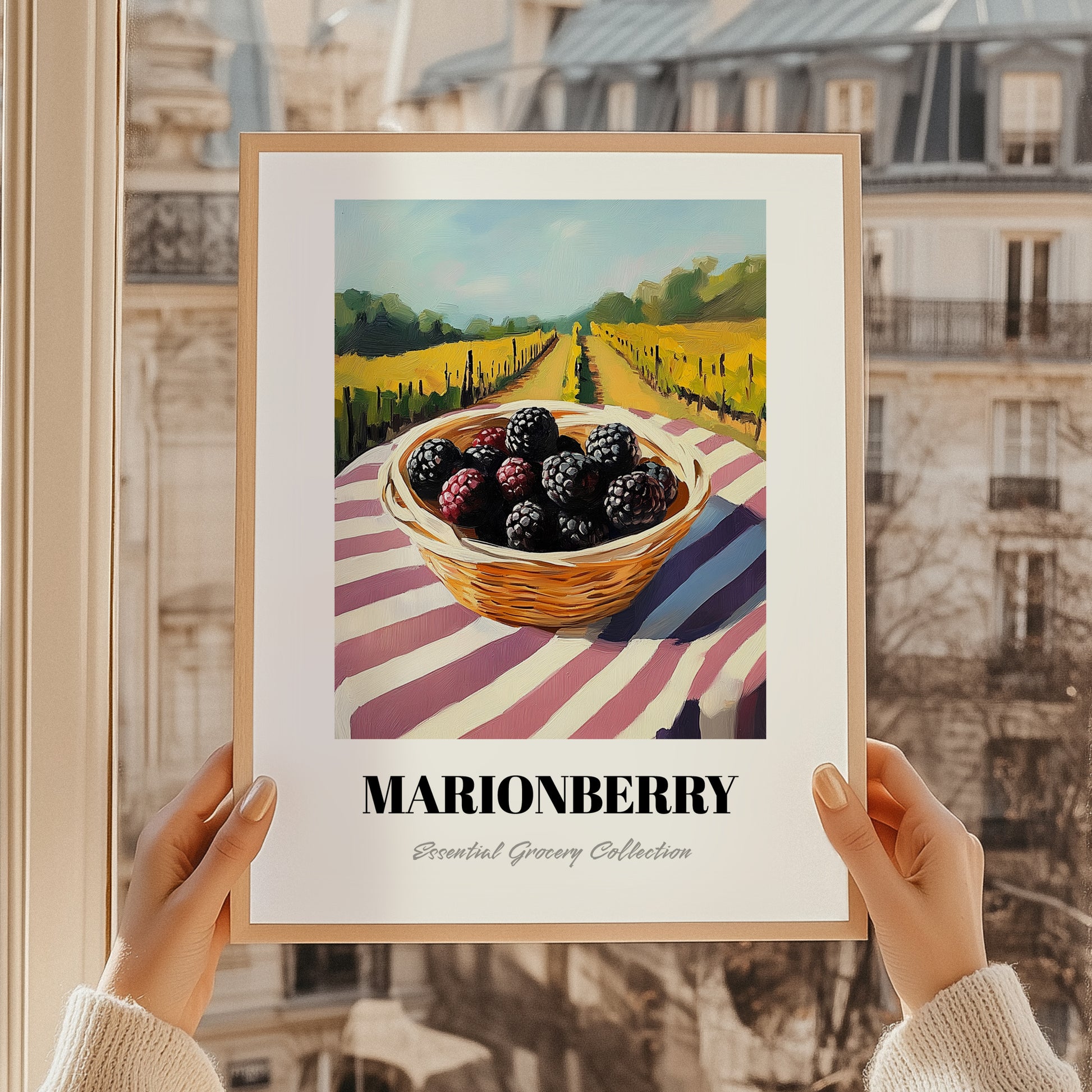 Marionberry – Valley Café Scene, Berries Art, styled in a charming Paris street view